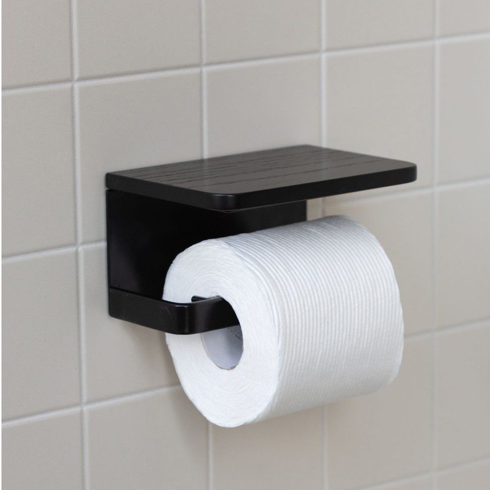 DESIGNSTUFF Black Single Toilet Paper Holder with Shelf - Bathroom Storage Organizer for Small Spaces & Modern Home Decor