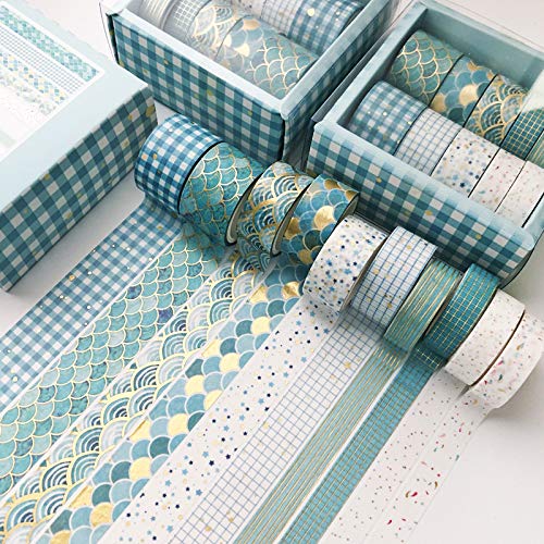 10 Rolls Floral Gold Washi Tape Set - Decorative Masking Paper Tape for Scrapbooking, DIY Crafts, Bullet Journaling, Planner Decor, Gift Wrapping - Perfect for Home Office, School Projects & Creative Arts (Blue Tone)