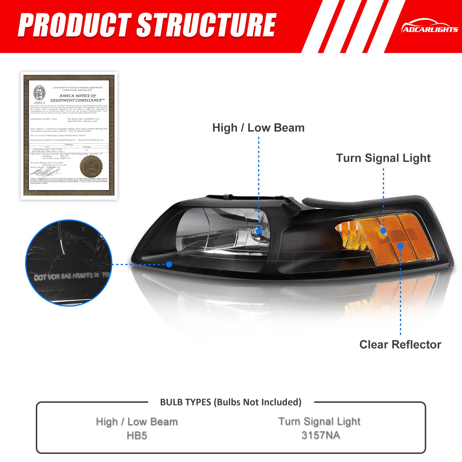1999-2004 Ford Mustang Headlights - Black Housing with Amber Reflector (Driver & Passenger Side) | Direct Fit Replacement for Improved Night Visibility | Perfect for Street Racing & Car Shows