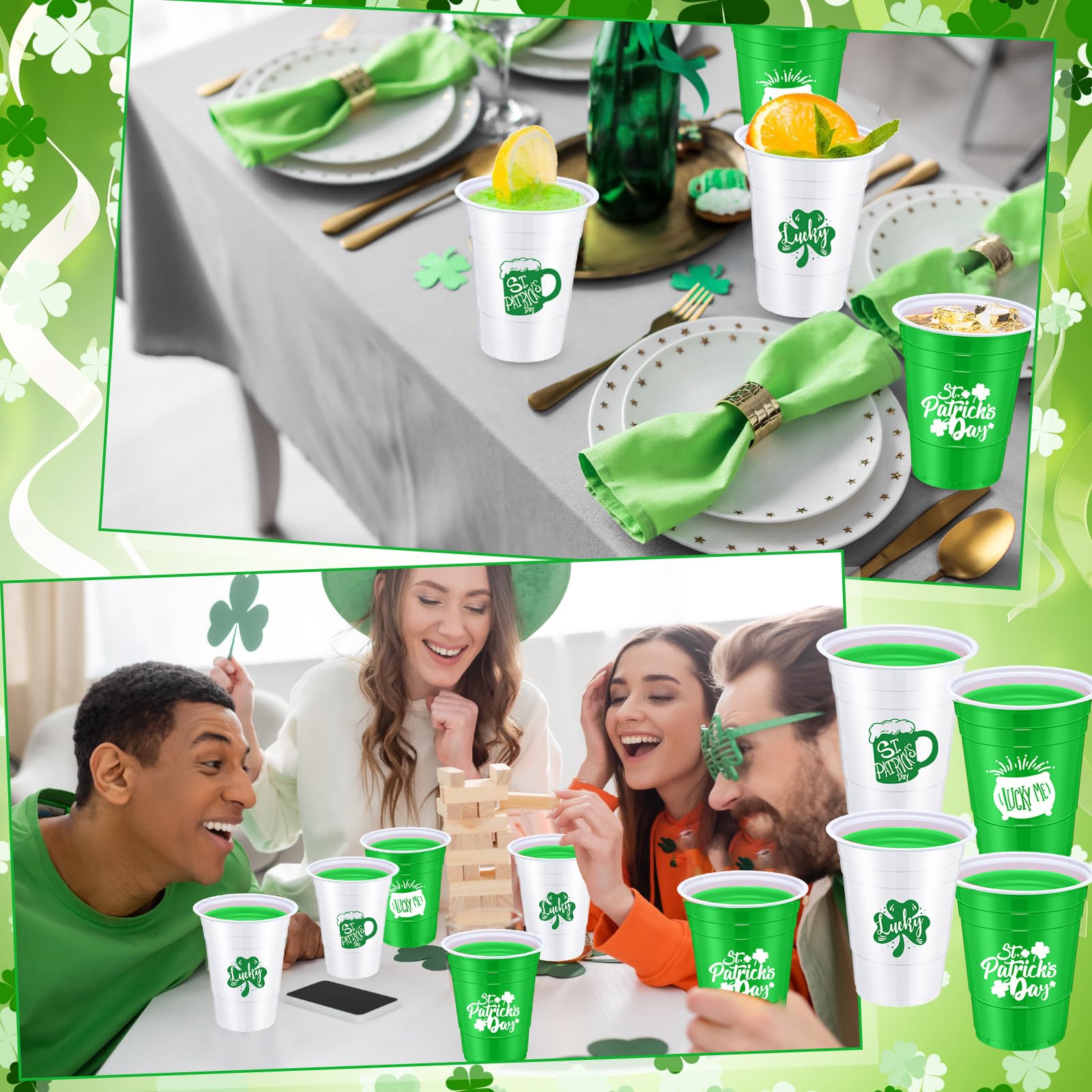 60 Pcs 16oz St. Patrick's Day Plastic Cups - Green & White Shamrock Disposable Party Cups with Lucky Clover Design for Beer, Beverages & Celebrations - Perfect for St. Patty's Day Parties, Irish-Themed Events & Home Decorations