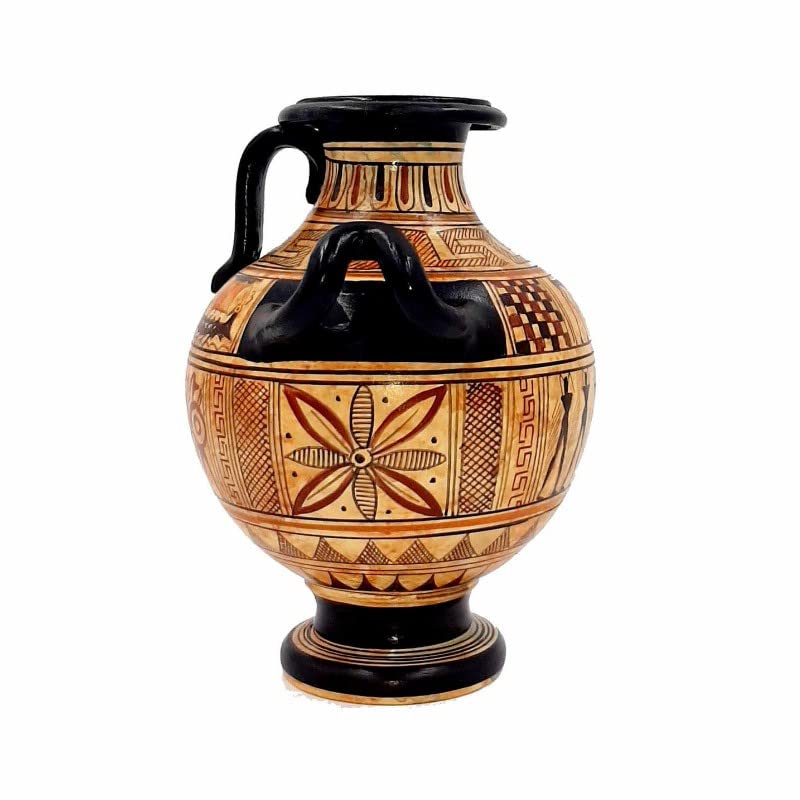 Ancient Greek Geometric Hydria Vase - 16cm Handcrafted Ceramic Pottery with 3 Handles - Perfect for Home Decor, Wedding Centerpieces & Museum-Quality Collectibles