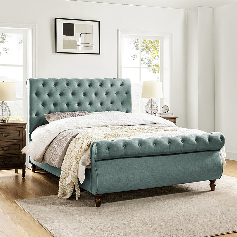 Deirdre Upholstered Sleigh Platform Bed - Queen Size with Solid Wood Frame & Luxe Fabric Headboard - Perfect for Modern Bedroom & Guest Room Decor