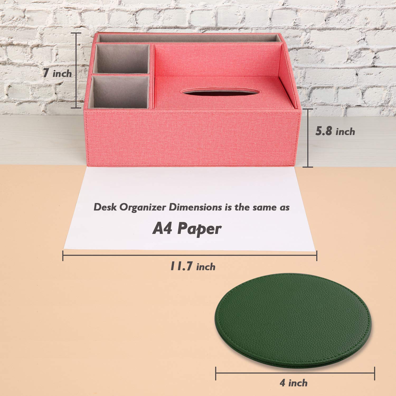 Premium Handmade Leather Desk Organizer with Tissue Box - 4 Compartments Large Capacity Office & Home Storage (Rose) - Perfect for Workspace Organization, Office Desks & Home Decor