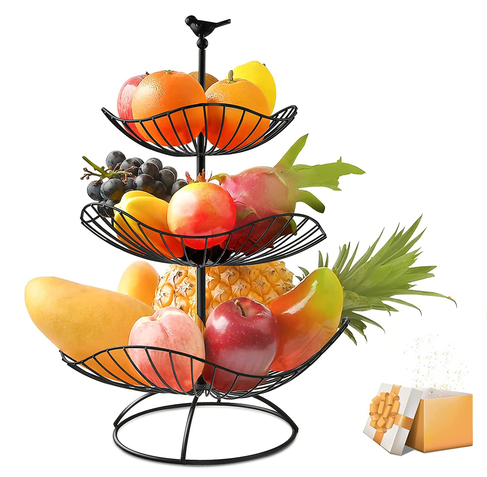 3-Tier Metal Fruit Basket - Countertop Organizer for Fruits, Vegetables & Snacks - Durable Cast Iron Stand with Separable Design - Perfect for Kitchen, Dining Room & Pantry Organization (Black)