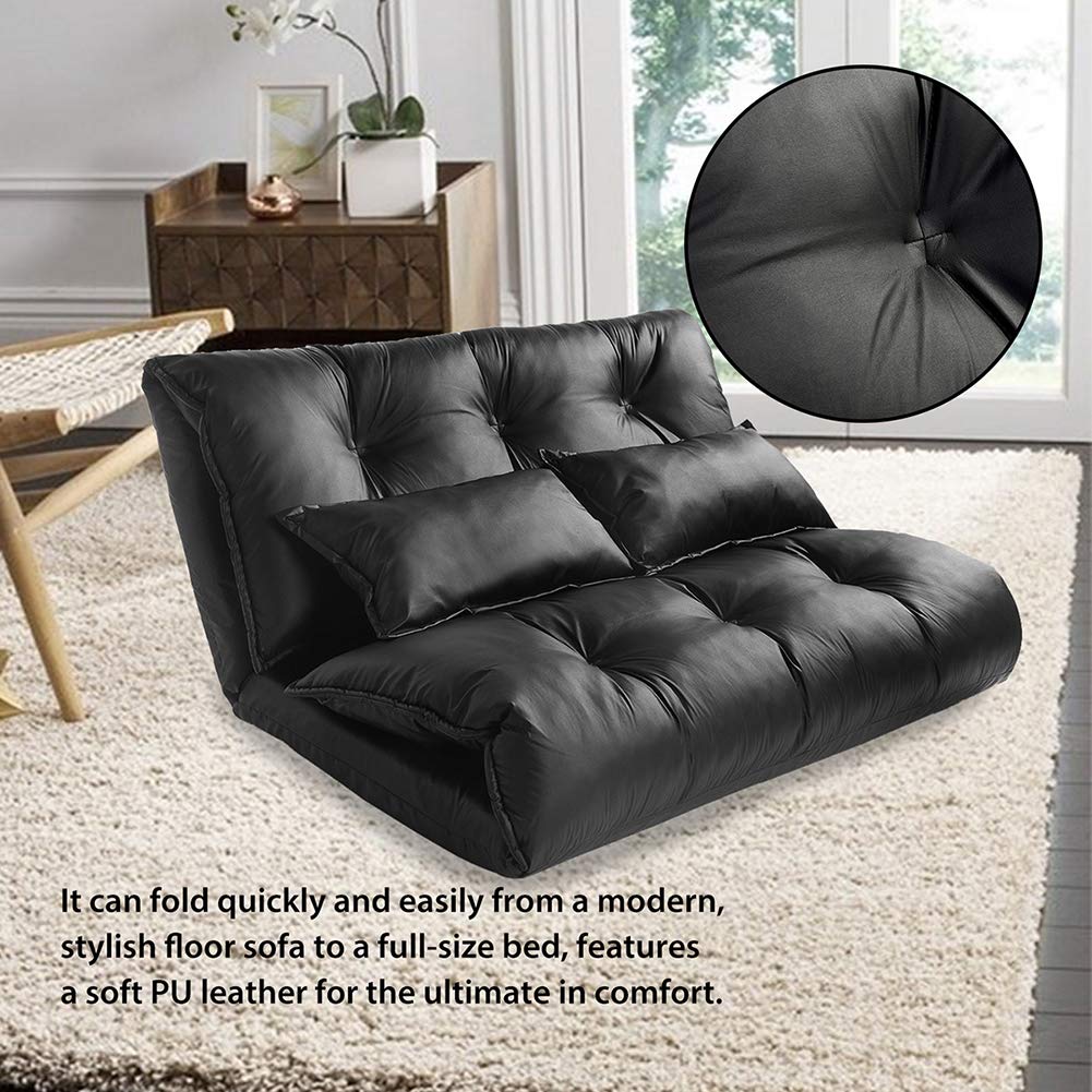 YSKWA Adjustable Floor Couch Sofa - 5 Reclining Positions, Foldable Chaise Lounge with 2 Pillows - Leather Floor Mattress for Living Room, Bedroom & Dorm - Perfect for Relaxing, Reading & Watching TV (Black)