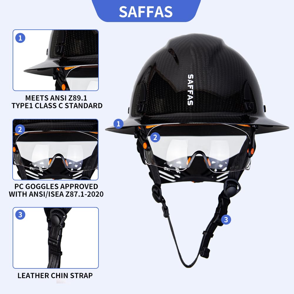 Carbon Fiber Full Brim Hard Hat Safety Helmet with Goggles & Adjustable 6-Point Suspension - OSHA Approved for Construction, Mining & Industrial Work | Includes Leather Chin Strap & Neck Protection