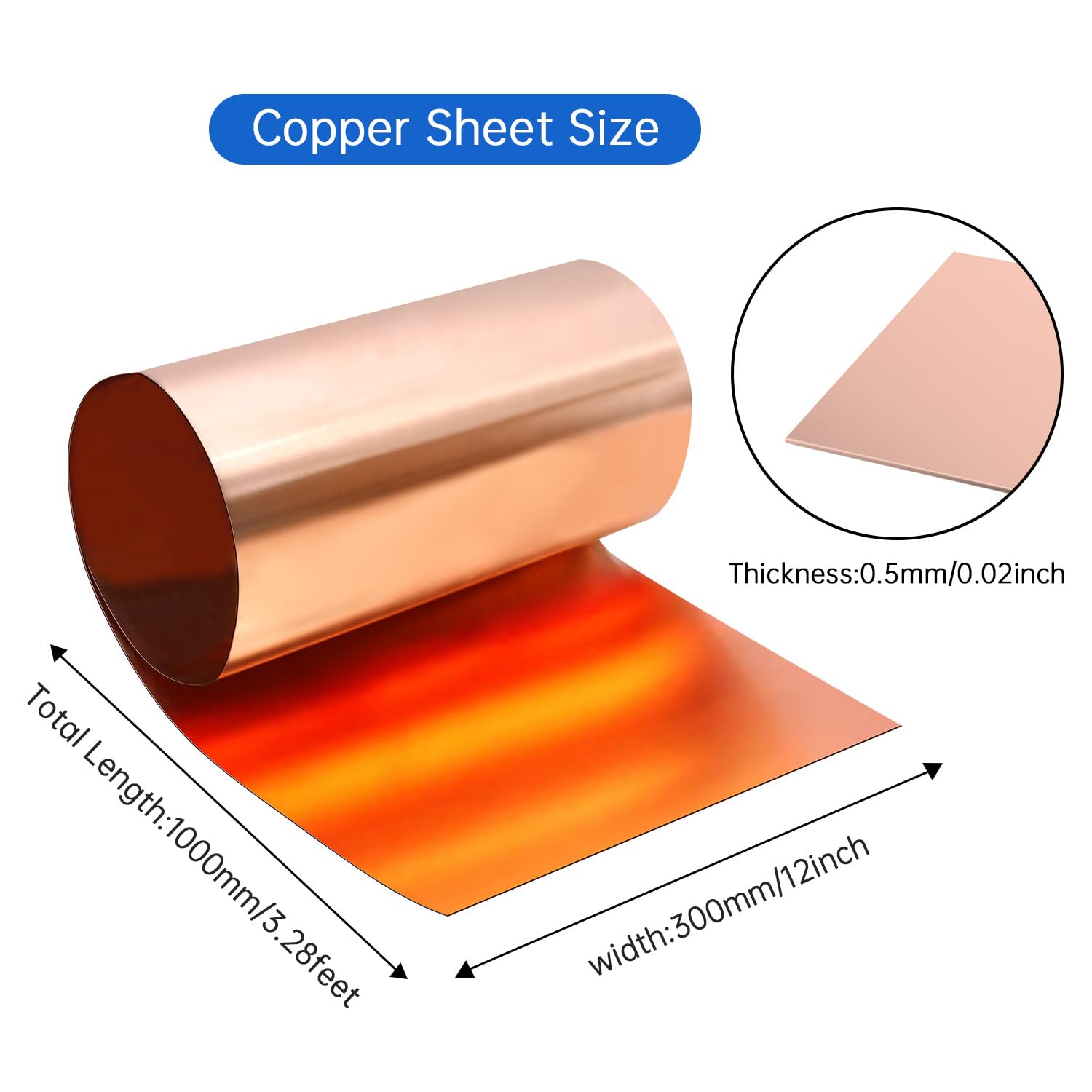 Premium Copper Sheet Roll 1000x300x0.5mm (LxWxT) - Heavy Duty Copper Flashing for Roofing, Gutters & DIY Crafts - Perfect for Home Repair, Metalworking & Art Projects