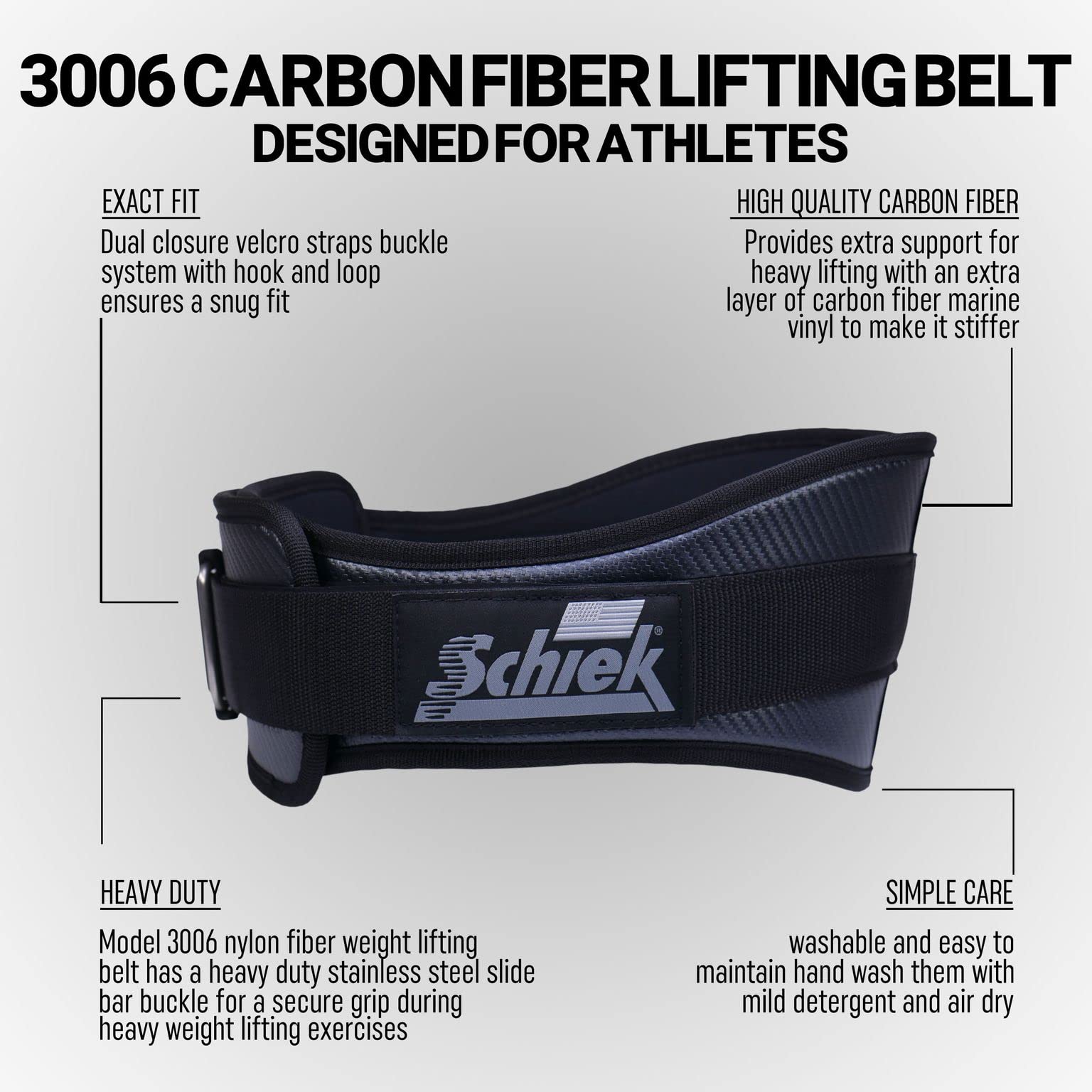 Schiek Sports Model 3006 Carbon Fiber Weight Lifting Belt - Premium Nylon Gym Belt with Marine Vinyl Back Support for Powerlifting, CrossFit & Strength Training