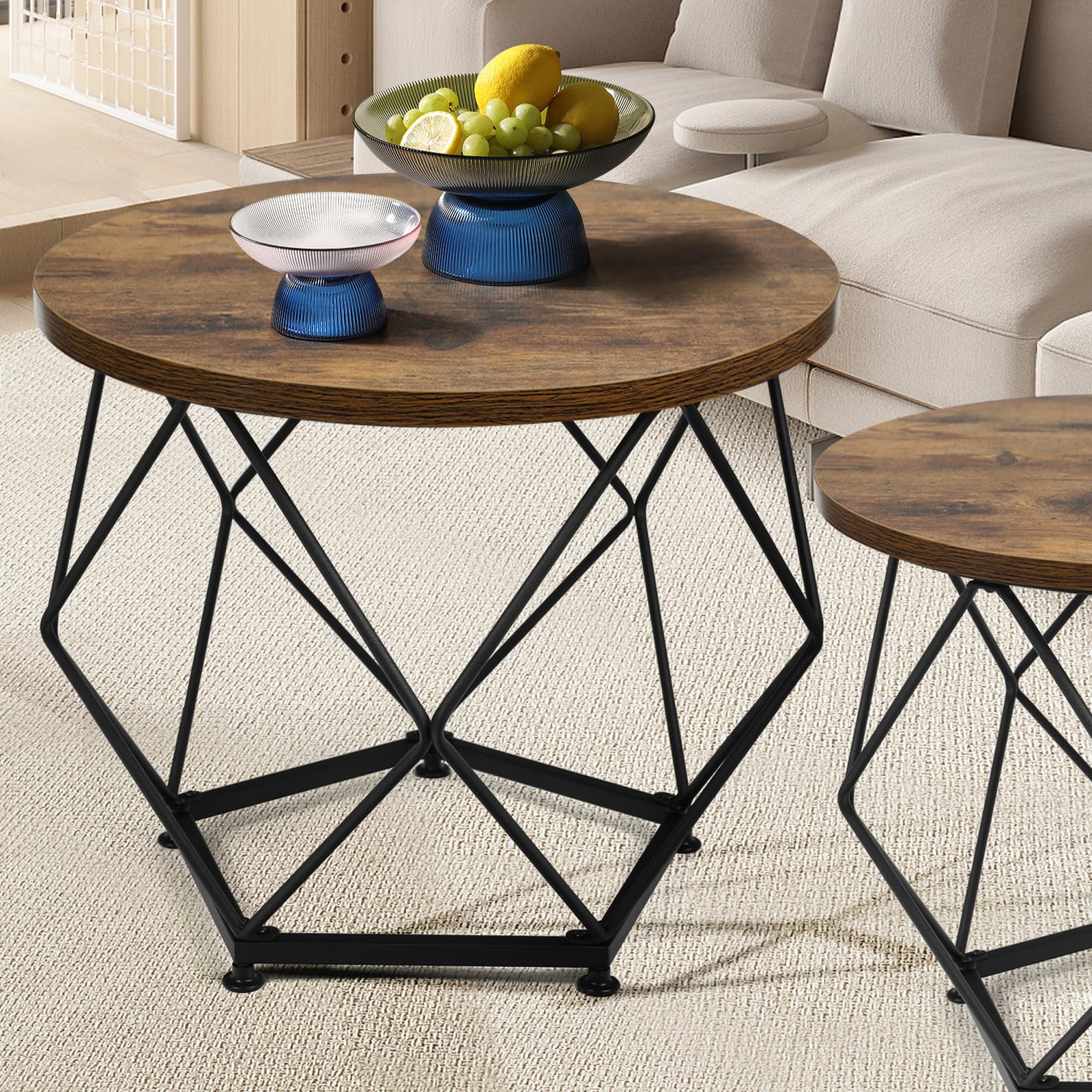 Modern Round Coffee Table Set of 2 - Wooden Top with Metal Frame Side Tables for Living Room, Bedroom, Home Office - Rustic Brown & Black End Tables | Perfect for Small Spaces, Farmhouse Decor & Coffee Nook Setup