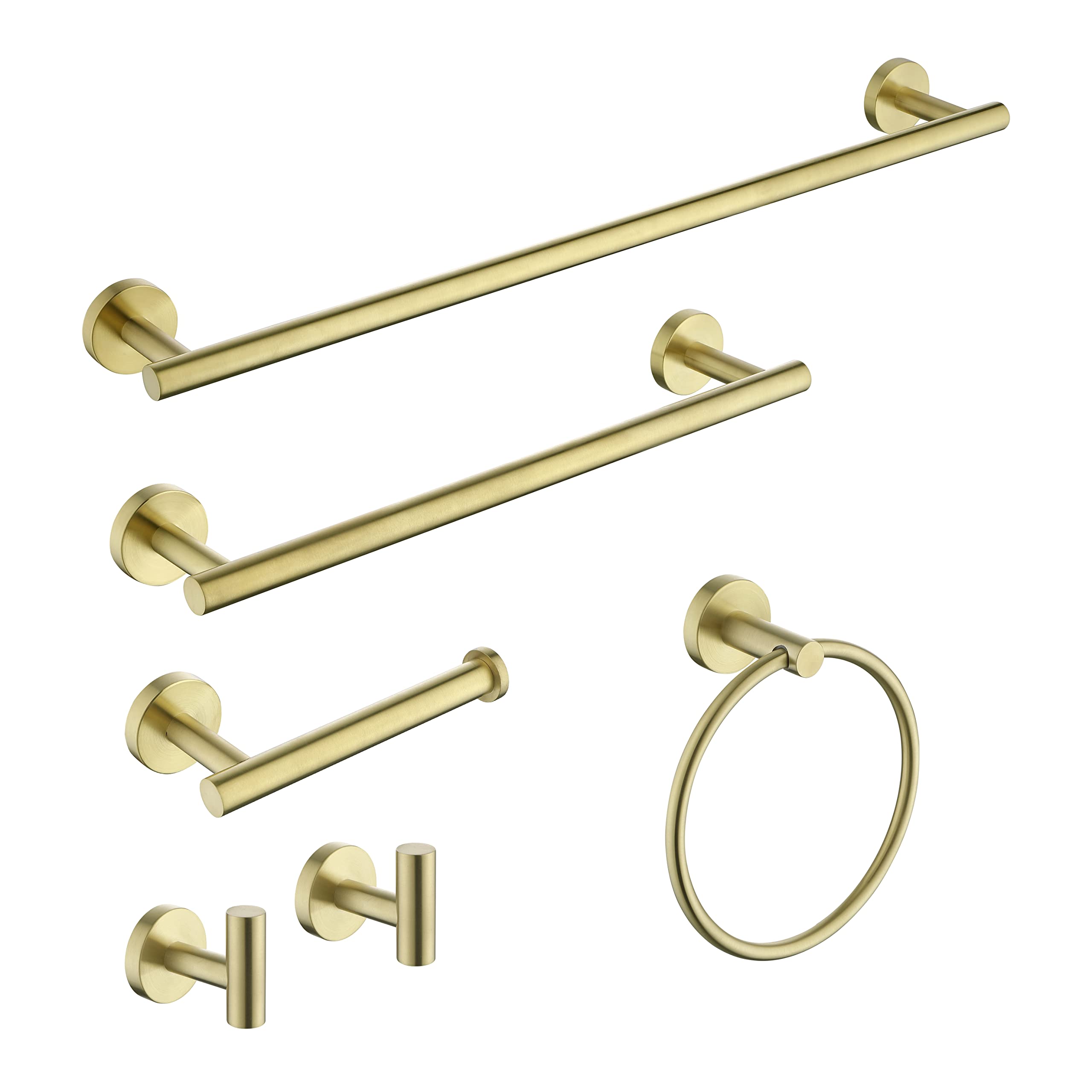 6-Piece Brushed Gold Bathroom Hardware Set - SUS304 Stainless Steel Wall Mounted Towel Bar, Toilet Paper Holder & Robe Hooks - Modern Bathroom Accessories Kit for Home, Hotel & Spa Decor
