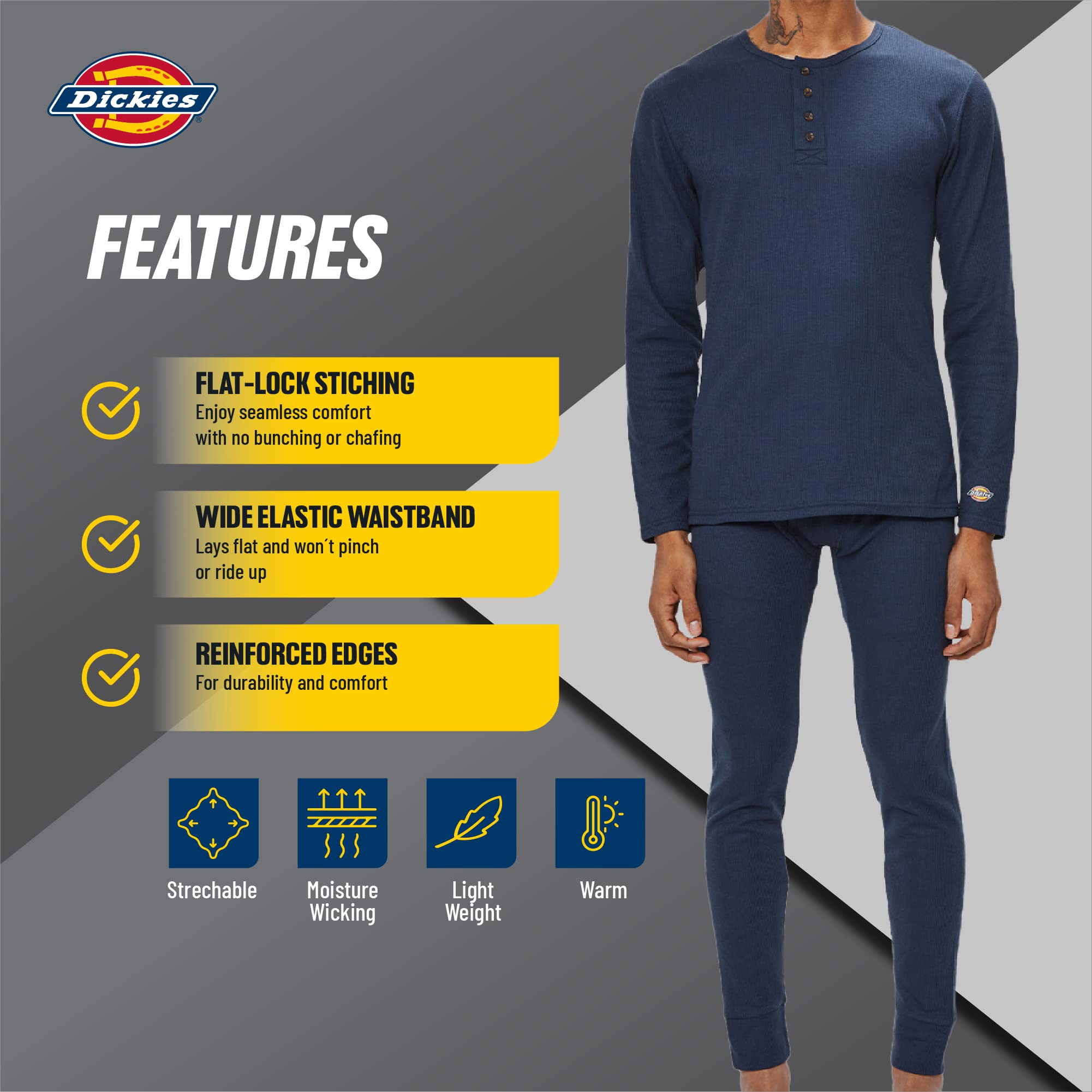 Dickies Men's Thermal Underwear Set - 2 Piece Waffle Knit Long Johns & Henley Base Layer for Cold Weather (Navy) - Winter Workwear, Outdoor Activities & Layering