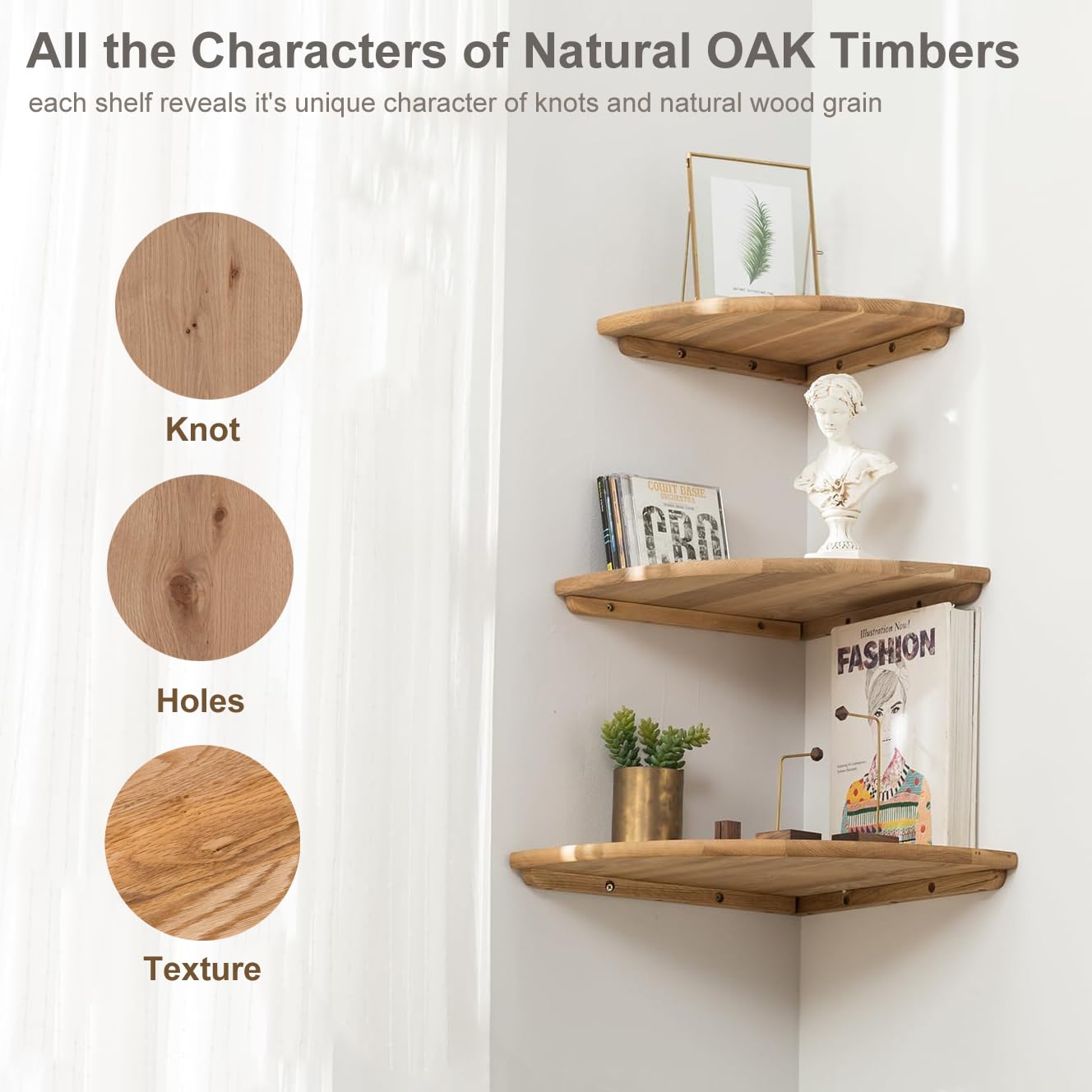 9 Inch Solid Oak Wood Floating Corner Shelf - Wall Mount Round End Shelf with Wire Hole for Small Plants, Photo Frames, Speakers - Perfect for Bedroom, Kitchen & Living Room Decor