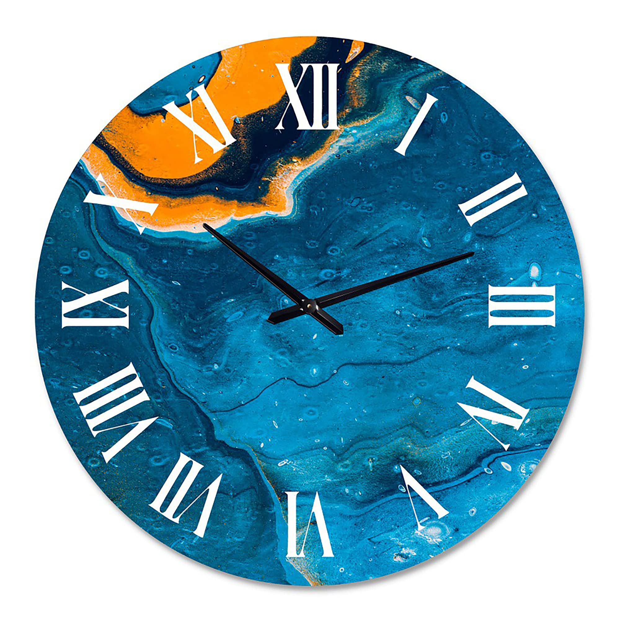 Abstract Marble Wall Clock - Modern Blue & Orange Large Fractal Design for Bedroom Decor | Silent Non-Ticking Living Room & Office Wall Art