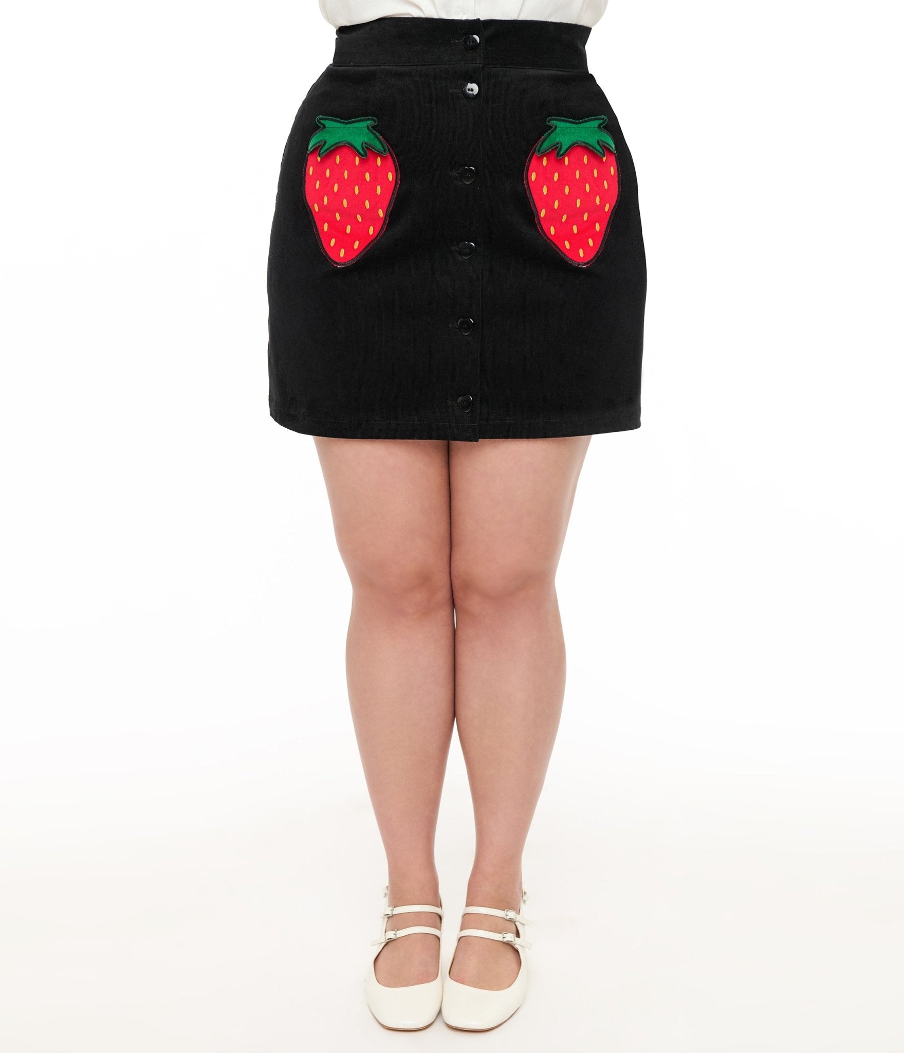 Smak Parlour Plus Size Black & Strawberry Print Pocket Mini Skirt - Cute & Flirty A-Line Skirt for Women, Perfect for Casual Outfits, Parties, and Date Nights