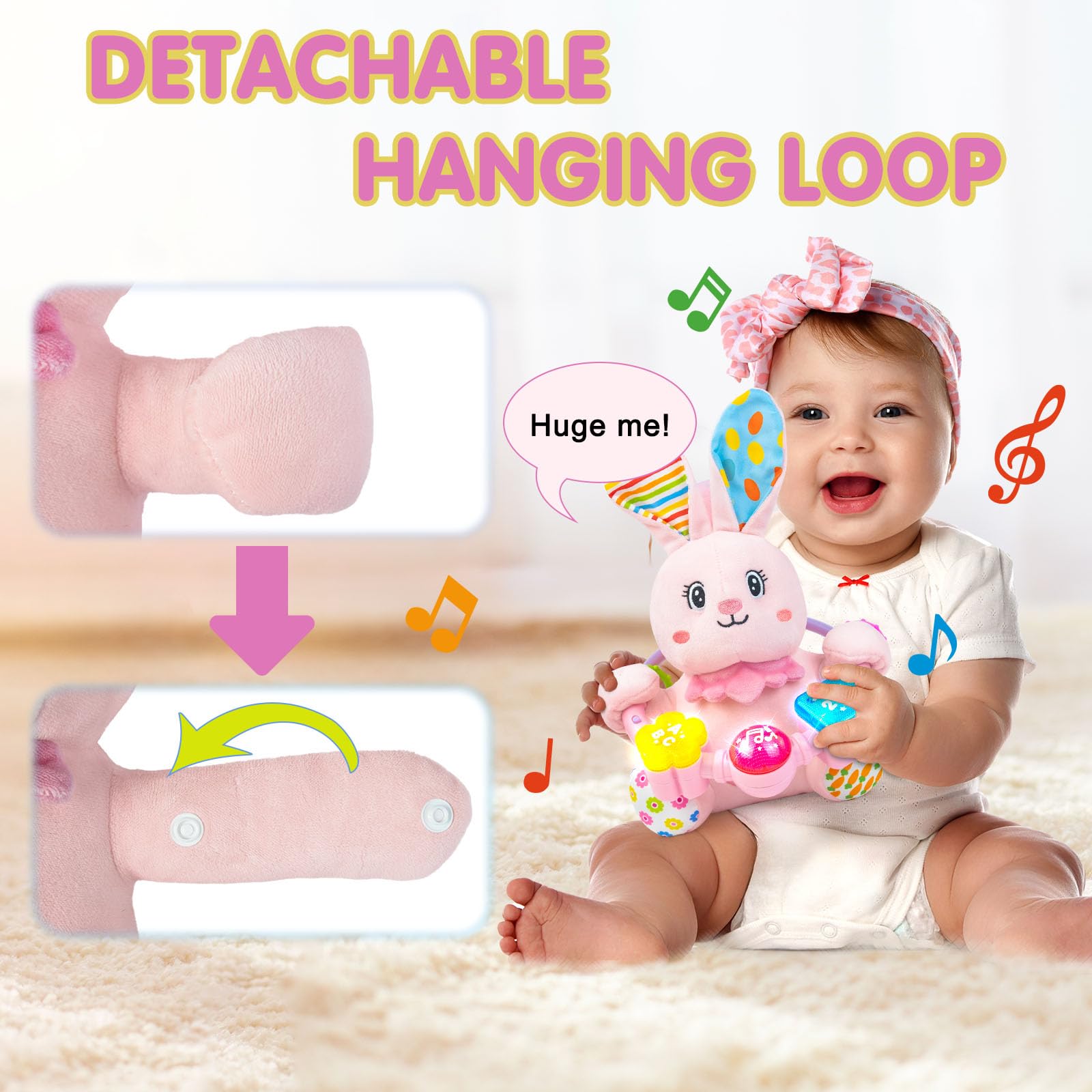 Bilingual Musical Rabbit Plush Toy - Light-Up, Crinkle & Melodies for Baby Early Learning | Soft Stuffed Animal for Tummy Time & Sensory Play | Perfect Gift for Infants 0-12 Months (Pink) - Ideal for Nursery, Playtime & Developmental Milestones