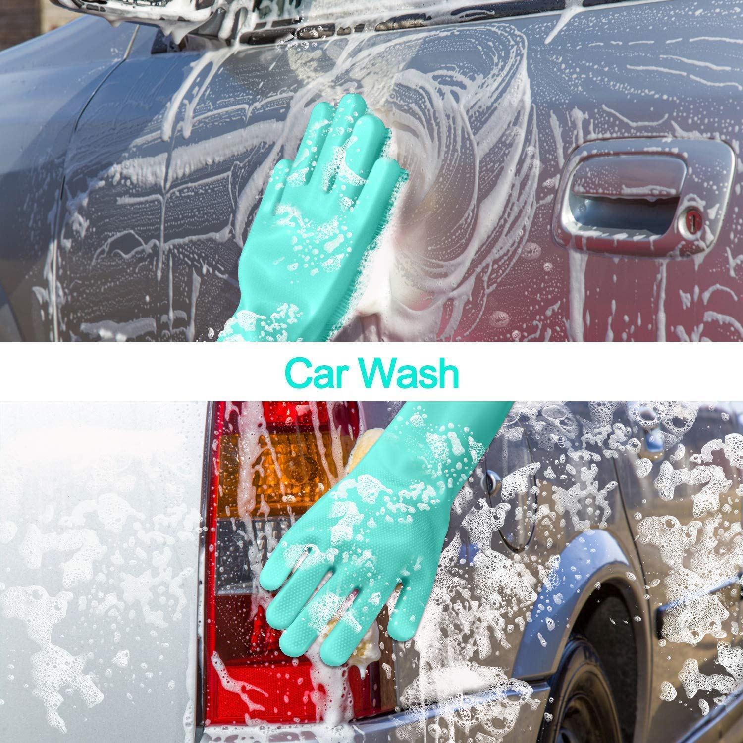 Heat Resistant Silicone Gloves with Scrubber - Reusable Kitchen Cleaning Gloves for Dish Washing, Car Cleaning, Pet Hair Removal - 1 Pair (Multicolor) - Perfect for Cooking, Grilling & Household Chores
