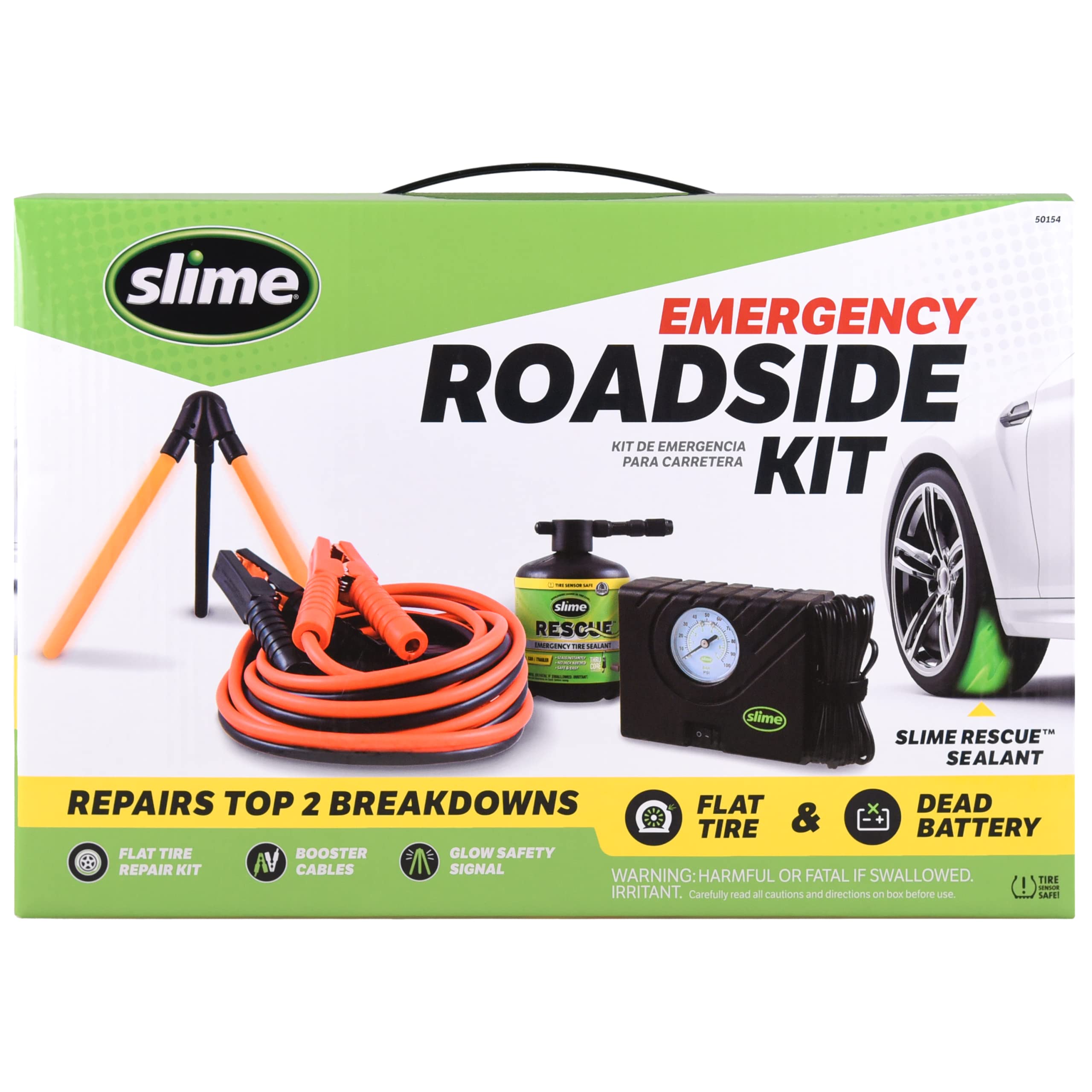 Slime 50154 Emergency Roadside Kit with Flat Tire Repair & Jumper Cables - Compact, Standard & Crossover Vehicle Safety - Perfect for Road Trips & Winter Driving