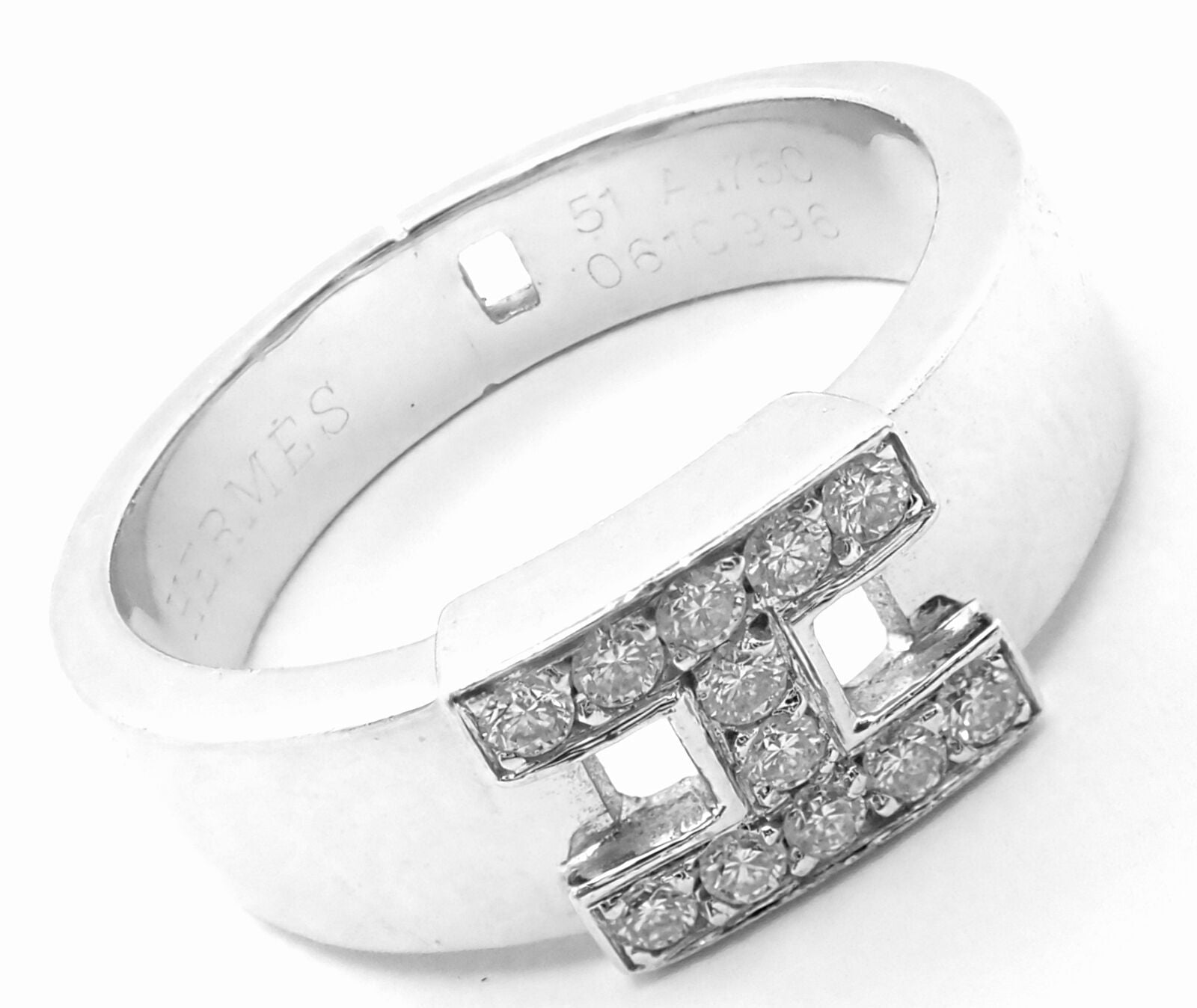 Authentic Hermes 18k White Gold Diamond H Band Ring for Women - Luxury Designer Jewelry for Special Occasions & Gifts