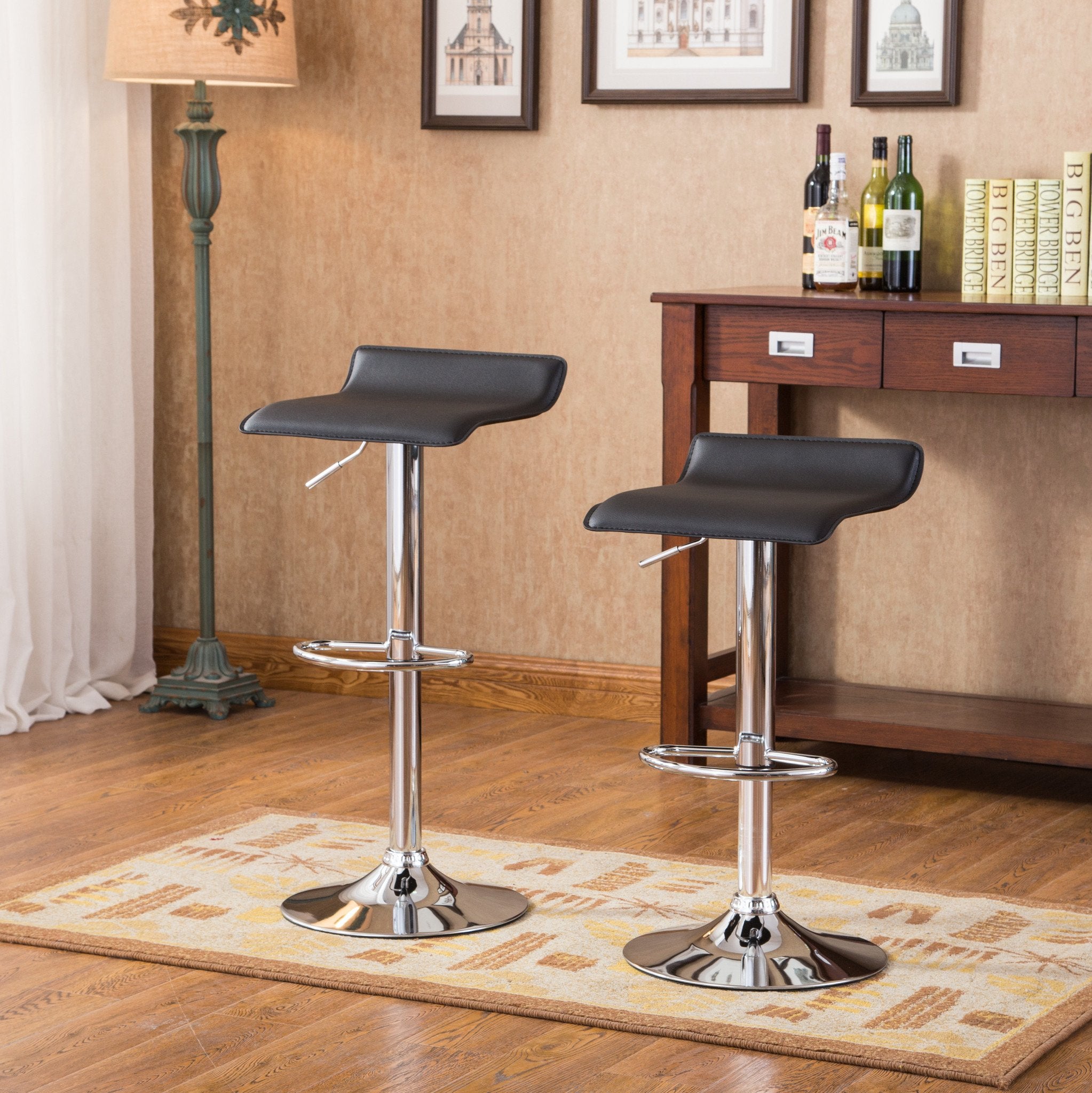 Baxton Adjustable Height Wood & Chrome Metal Bar Table with 2 Air Lift Swivel Stools - Modern Kitchen Island & Breakfast Nook Set for Home & Office