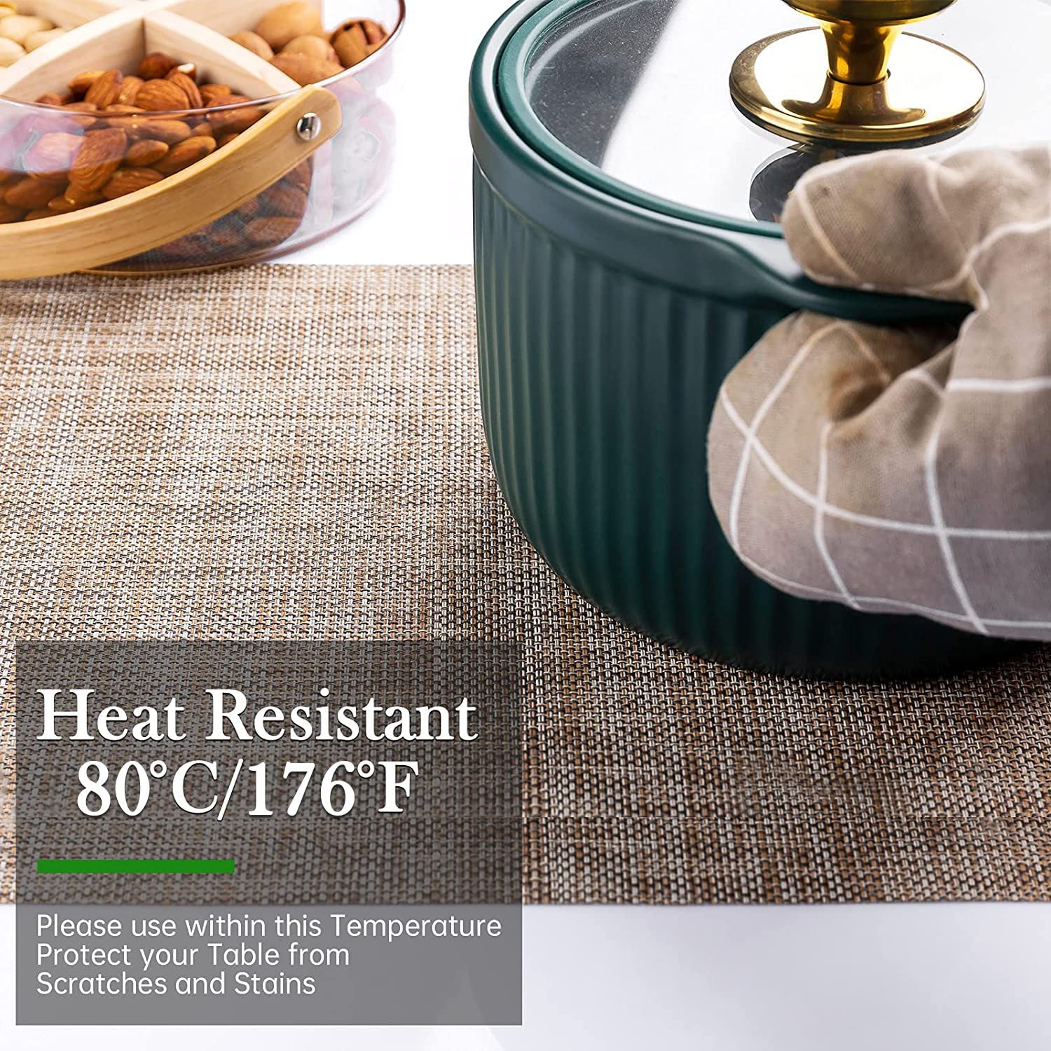 8-Pack Washable Vinyl Placemats for Dining Table - Indoor/Outdoor PVC Weave Table Mats in Caramel - Perfect for Kitchen, Patio, Picnic & Party Decor