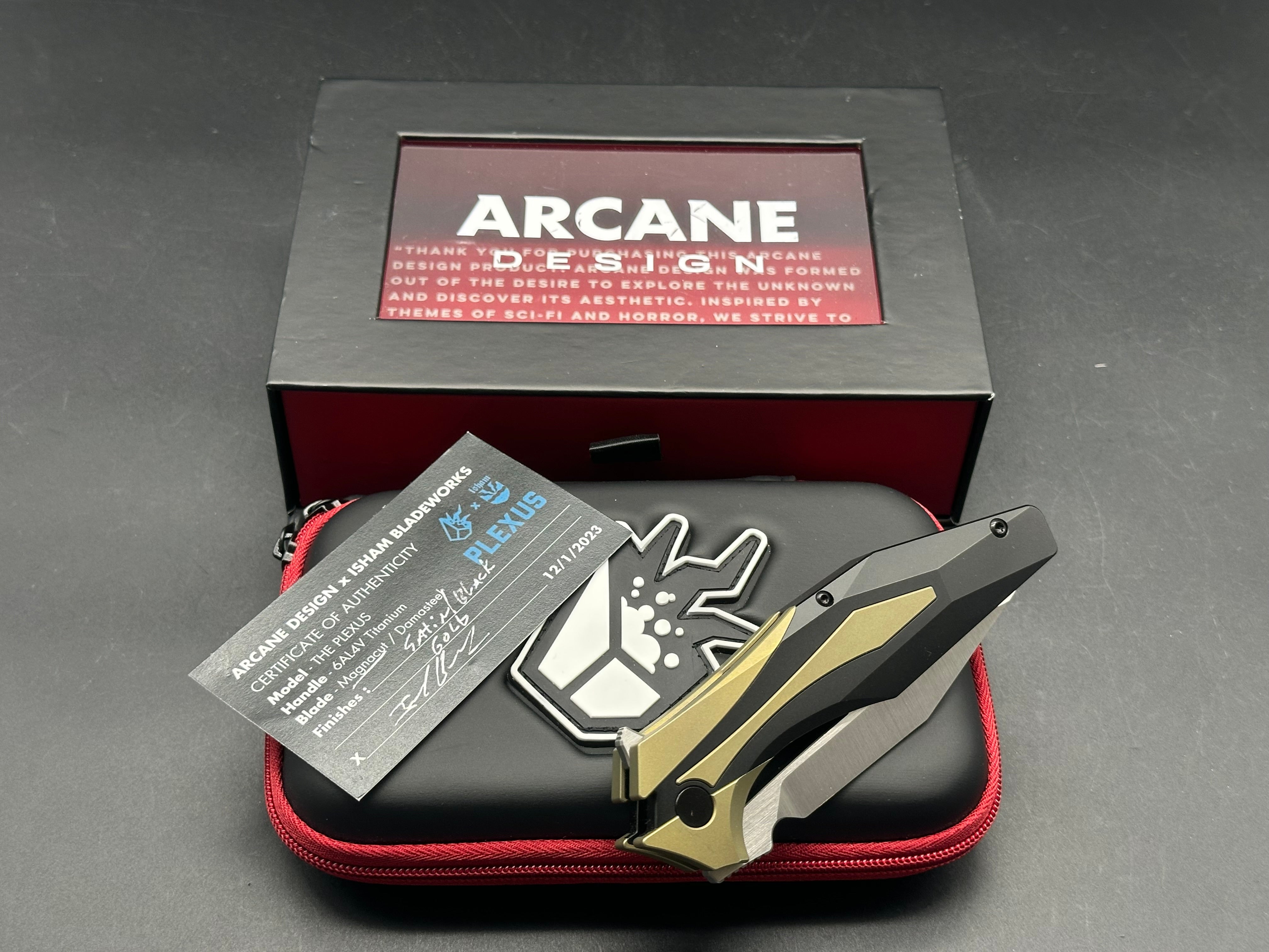 Arcane Design Plexus Black DLC Titanium Frame Knife with Gold Titanium Bolster Inlays - Modified Tanto Blade in M390 Steel - EDC, Outdoor, Tactical, and Collection Use