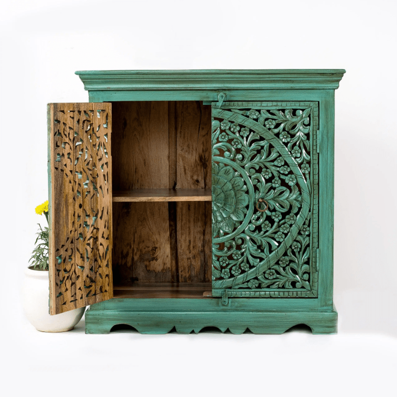 Hand Carved Emerald Green Hallway Cabinet - Solid Wood Entryway Storage with Vintage Design | Perfect for Small Spaces, Apartments & Narrow Hallways