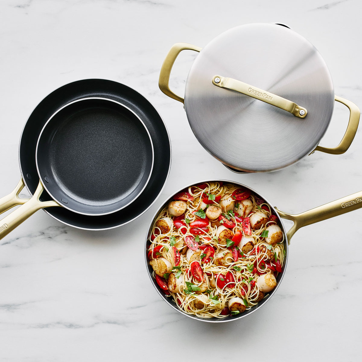 Premium GP5 Stainless Steel 10-Piece Cookware Set with Champagne Gold Handles - Nonstick Pots & Pans for Professional Cooking, Baking & Family Meals