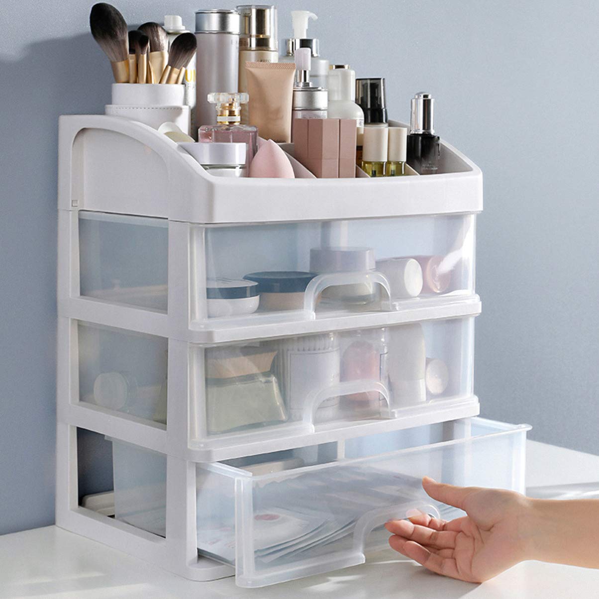 TOPBATHY 3-Tier Clear Acrylic Desk Organizer - Pencil Holder & Makeup Storage Case for Office, Home, and School | White Desktop Organizer with Drawer for Stationery, Cosmetics, and Office Supplies | Perfect for Desk, Vanity, and Dorm Room Organization