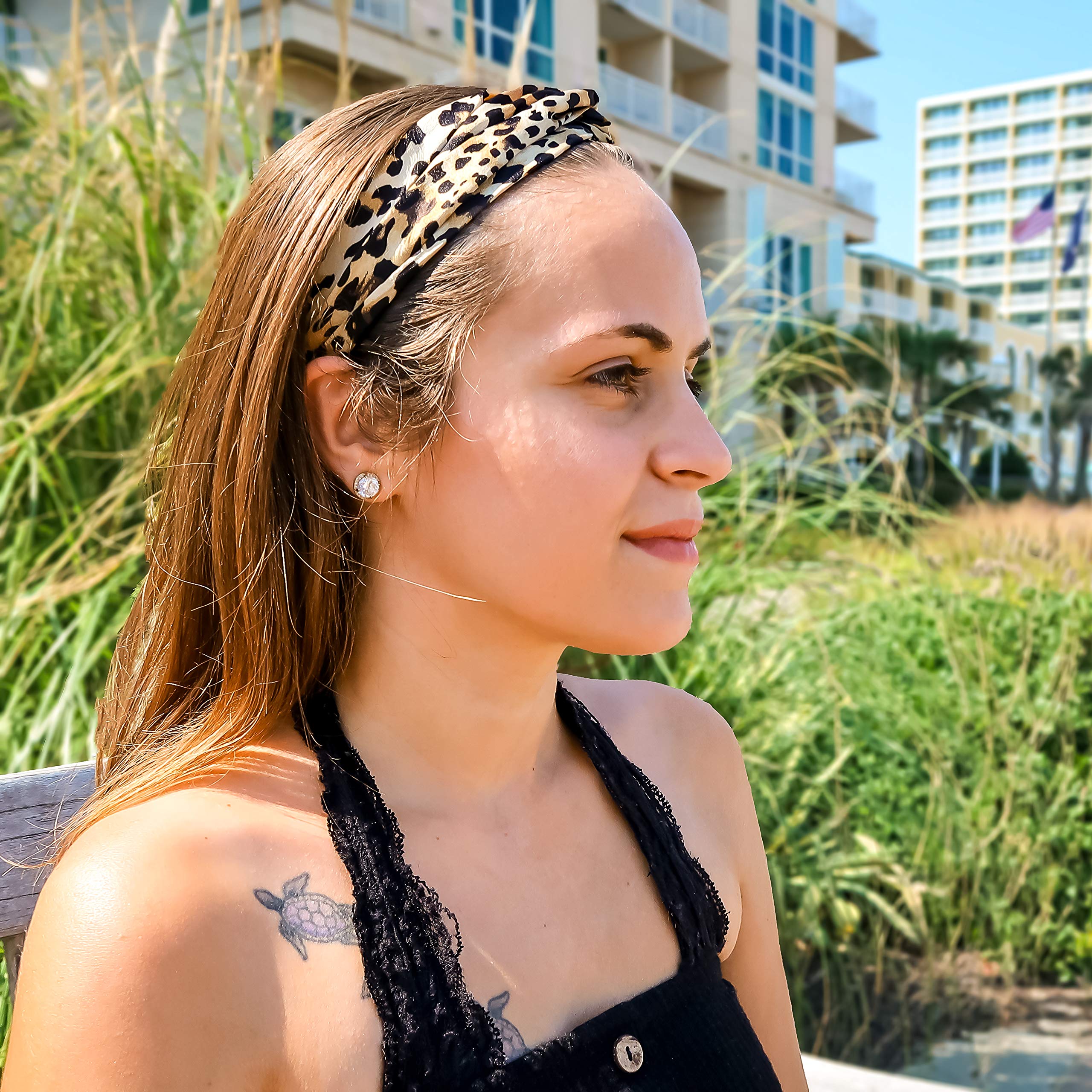 4 Pack Leopard Print Headbands for Women - Elastic Cheetah Top Knot Spa Headbands for Makeup, Skincare & Hair Styling - Fashion Hair Accessories for Girls & Women - Perfect for Yoga, Gym & Daily Wear