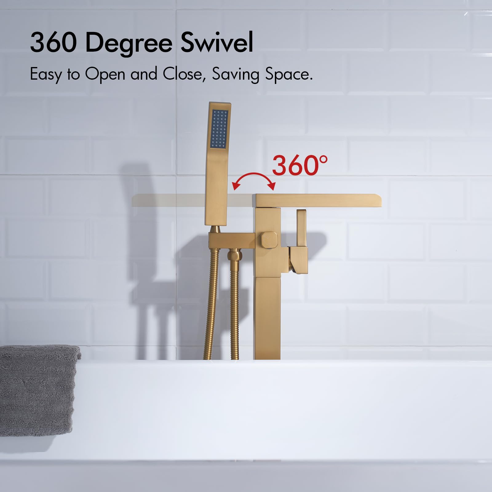 Premium BAGNOLUX Floor Mount Bathtub Faucet - Single Handle Brass Tub Filler with Hand Shower, Waterfall Style (Brushed Brass) - Perfect for Modern Bathroom & Spa Retreats