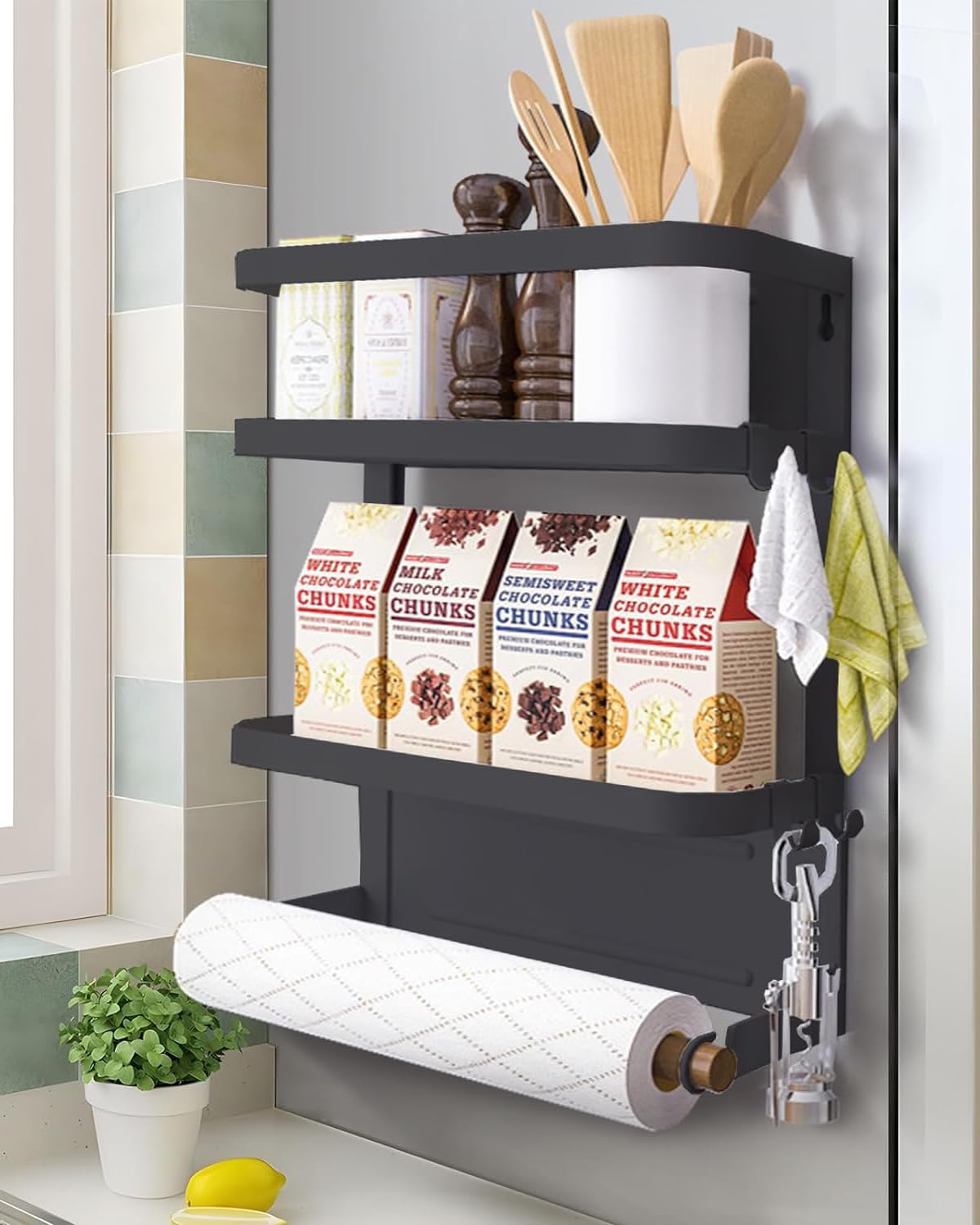 Magnetic Refrigerator Shelf Organizer - Black Fridge Spice Rack & Paper Towel Holder for Kitchen Storage | Space-Saving Spice Jars Organizer for Refrigerator Door & Cabinet (Perfect for Small Kitchens & Pantries)