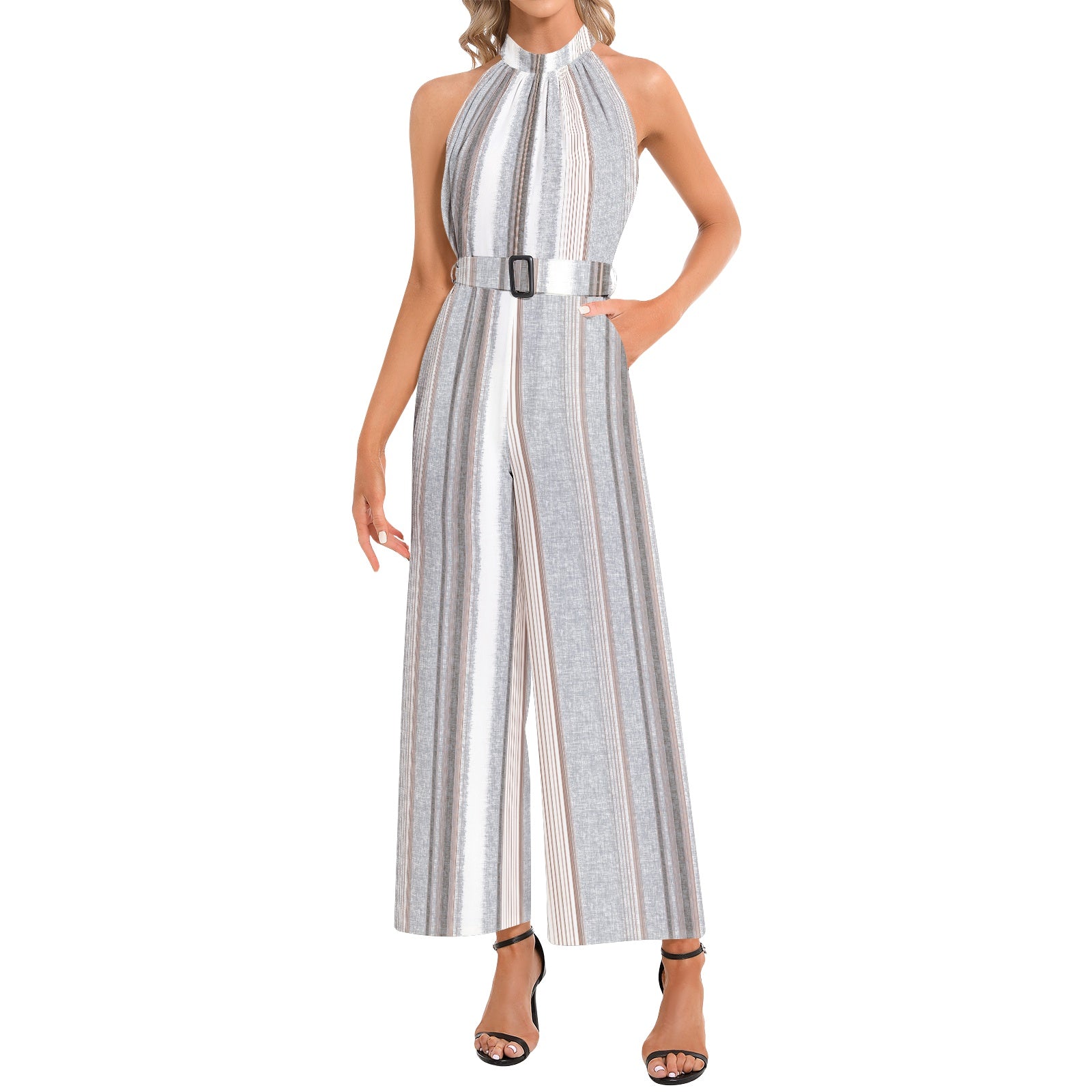 Elegant Striped Grayscale Halter Neck Jumpsuit with Buckle Belt - Perfect for Casual Outings, Date Nights & Summer Vacations