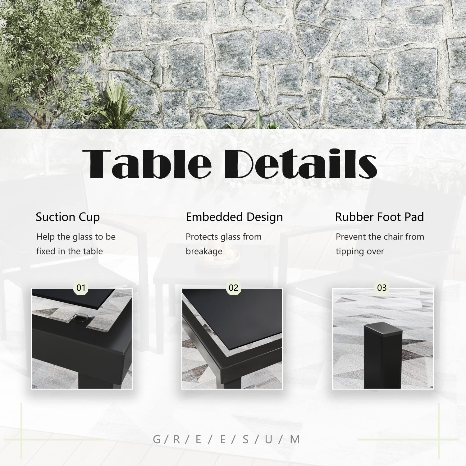 Greesum 3-Piece Outdoor Patio Furniture Set with Textilene Fabric Chairs & Glass Coffee Table - Perfect for Lawn, Garden, Balcony, Poolside Relaxation and Entertaining