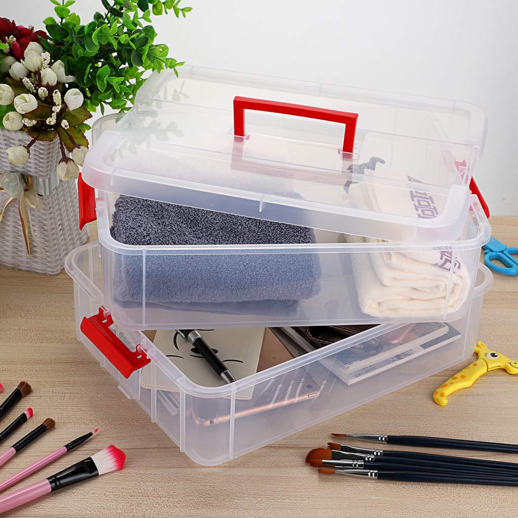 JUXYES 2-Tier Stackable Storage Box with Handle - Organize School & Office Supplies