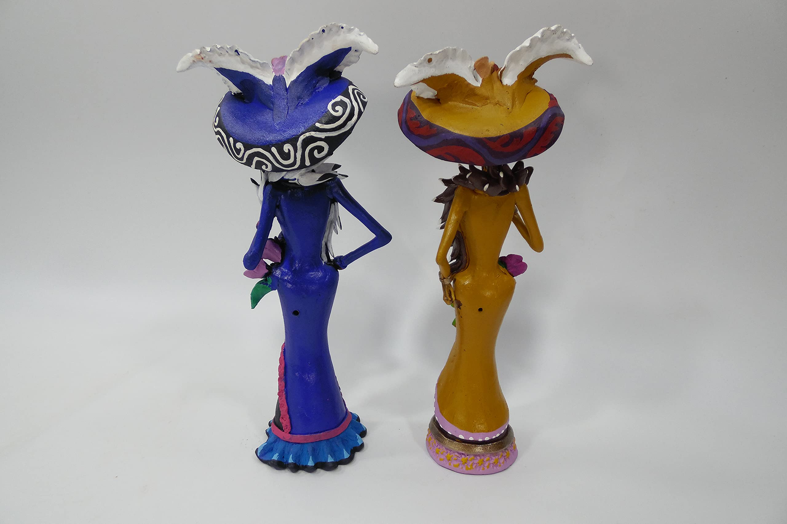 Set of 2 Handmade Mexican Day of the Dead Catrinas - 8 Inch Folk Art Fine Ceramic Decorations for Halloween, Dia de Muertos Altar & Home Decor