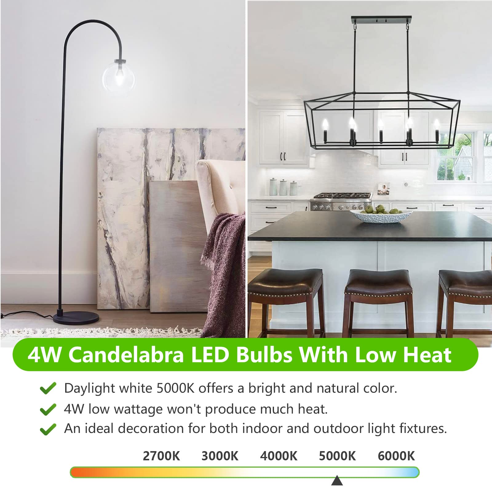 MAXvolador E12 LED Candelabra Light Bulbs - 40W Equivalent, 5000K Daylight White, 4W Energy Saving, 400LM Brightness, Non-Dimmable Chandelier Bulbs (Pack of 6) - Perfect for Ceiling Fans, Pendant Lights & Decorative Fixtures