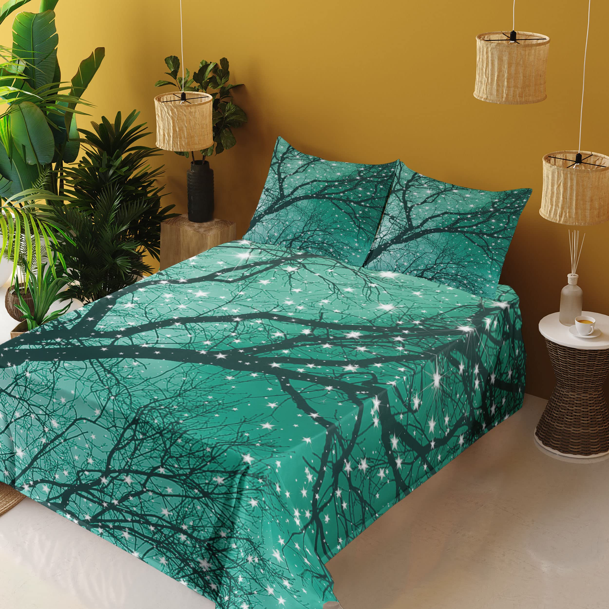 Ambesonne 4-Piece King Size Sheet Set - Monochrome Winter Tree & Stars Design, Fitted & Flat Sheets with Pillowcases, Dark Teal & Sea Green - Perfect for Cozy Winter Nights & Holiday Bedroom Decor