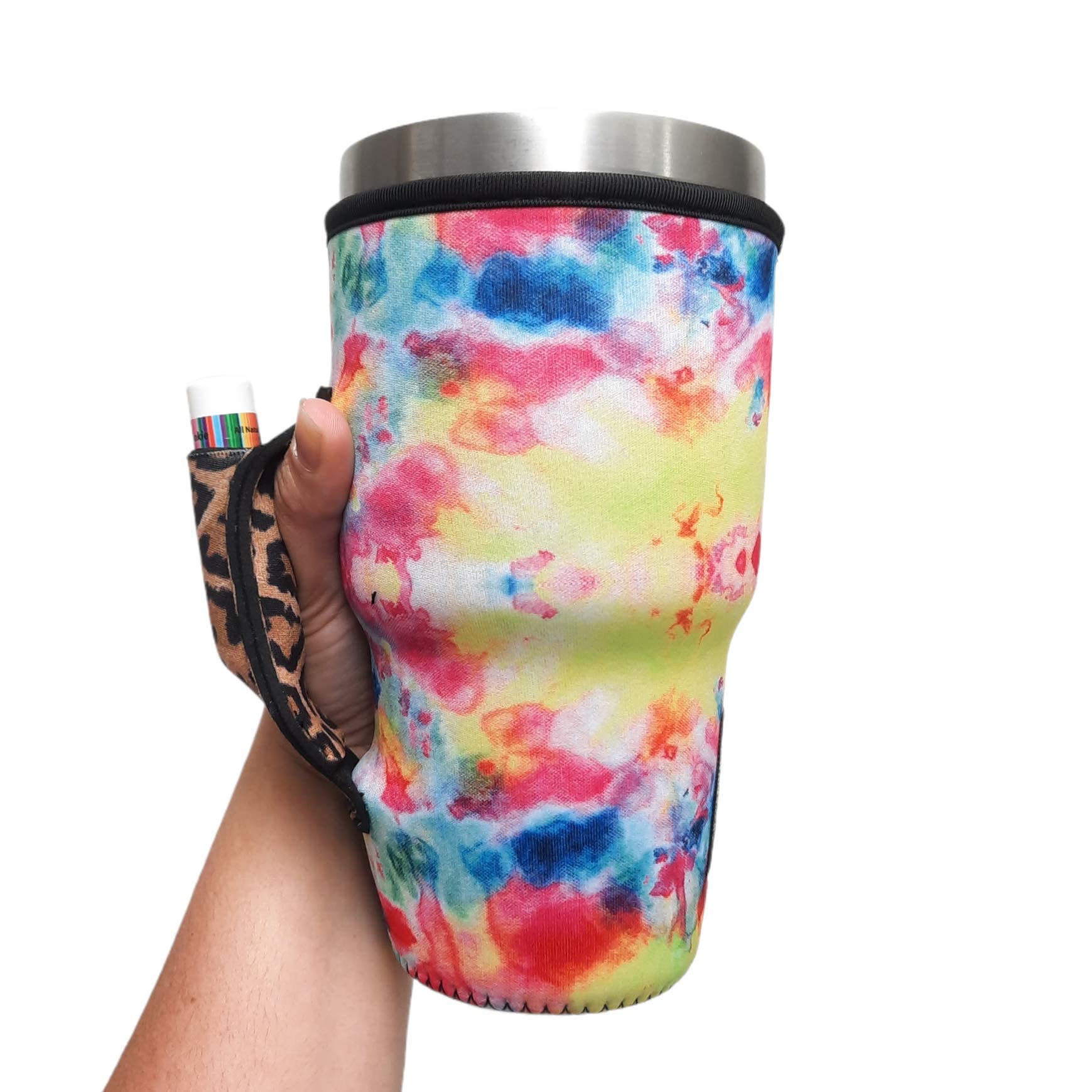 30-38oz Neoprene Tumbler Sleeve with Handle & Pocket - Water Resistant Insulated Drink Cover for Beer, Cans & Ice Shakers - Tie Dye Leopard Print Cup Holder - Perfect for Travel, Gym & Outdoor Activities