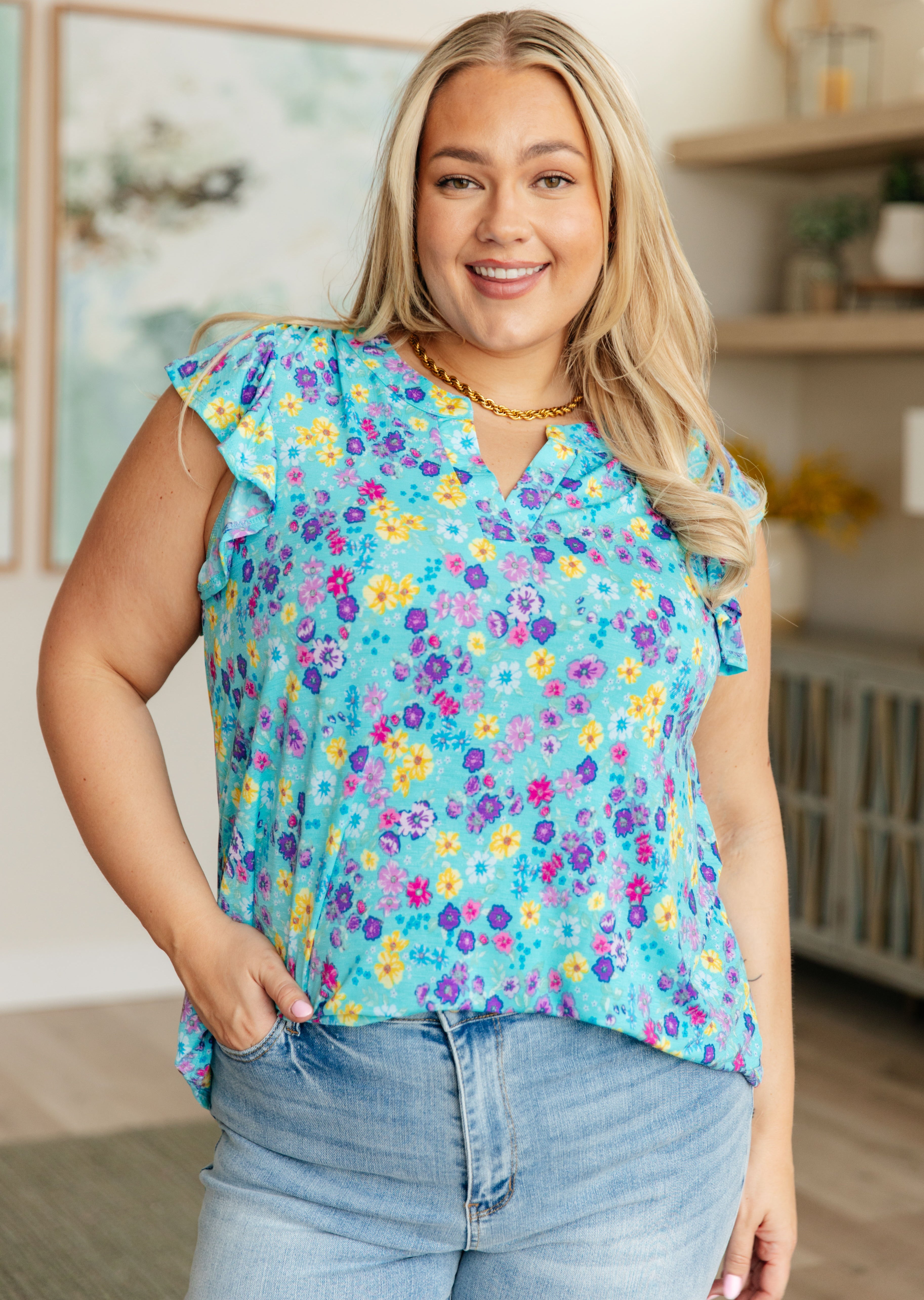 Lizzy Flutter Sleeve Teal & Purple Floral Blouse for Women | Boho Chic Summer Top for Beach, Date Night & Casual Outfits
