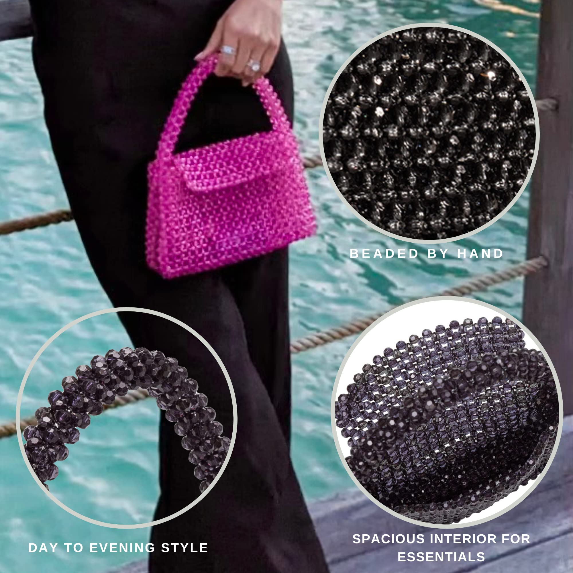 Melie Bianco Sherry Bag - Women's Luxury Beaded Handbag with Top Handle - Elegant Foldover Clutch for Parties, Weddings & Evening Events