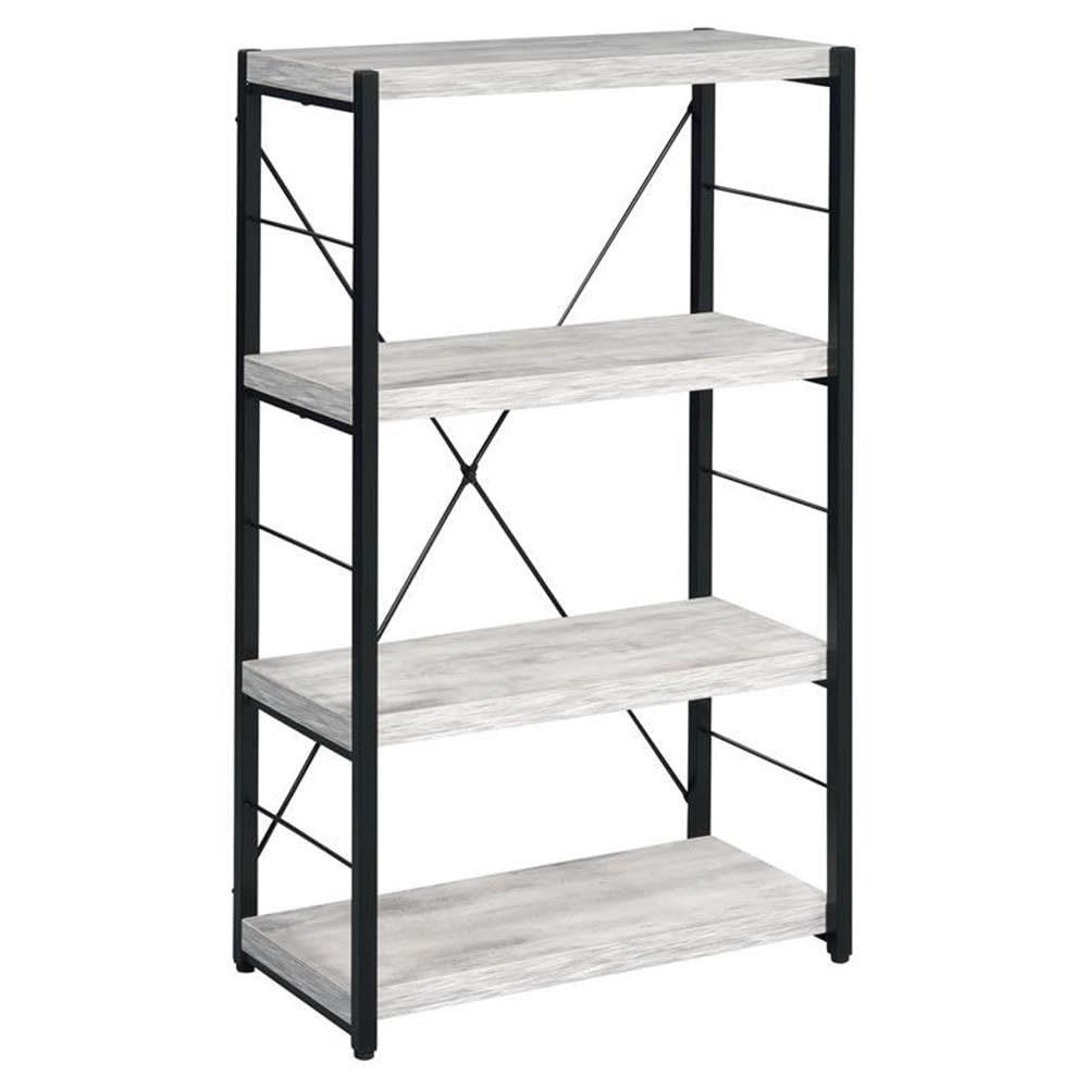 Acme Jurgen 4-Tier Wooden Bookshelf - Rectangular Storage Shelf in Antique White & Black - Perfect for Living Room, Bedroom, Office & Study Organization