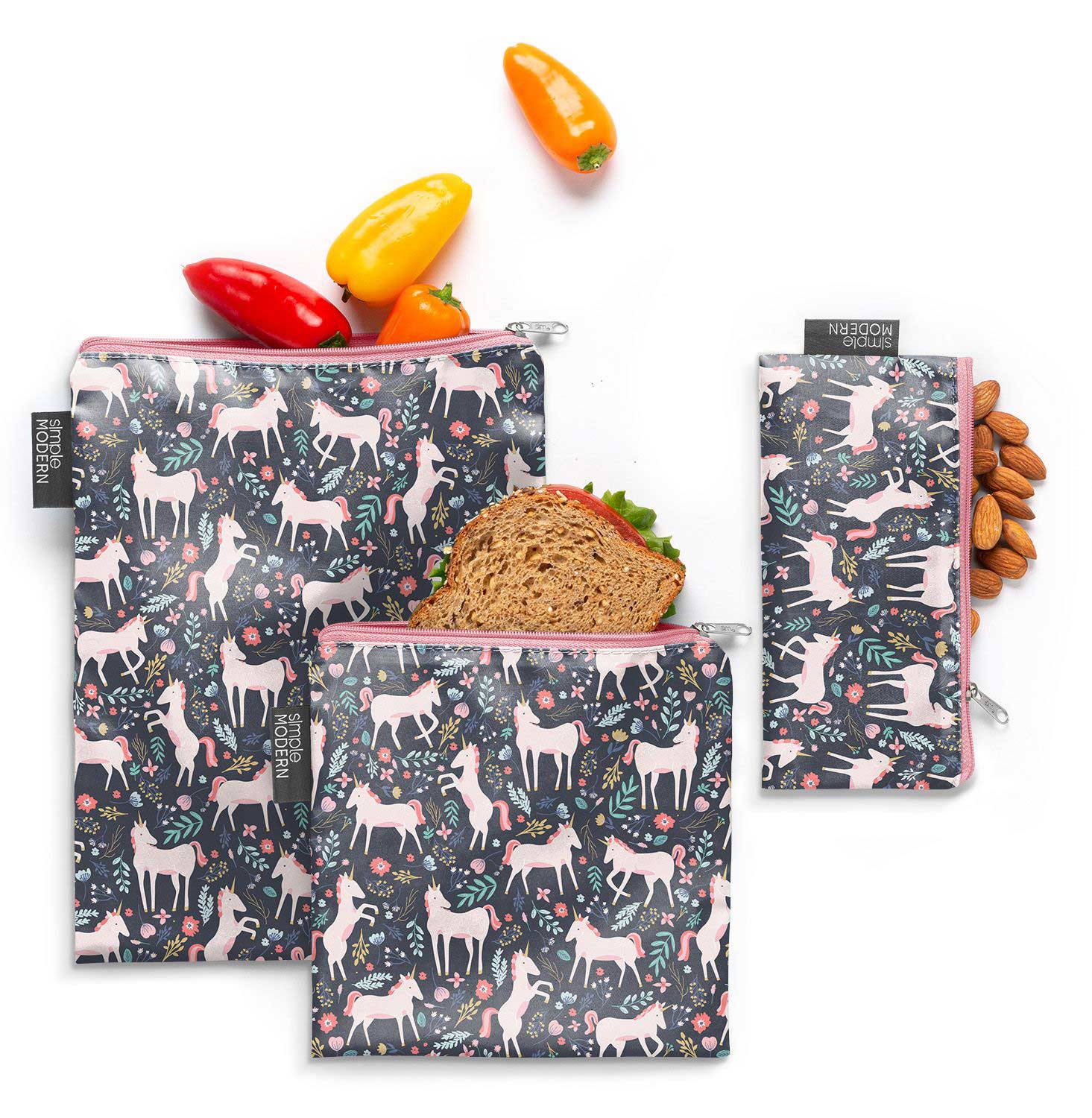 Ellie Reusable Snack Bags 3 Pack - 18oz Eco-Friendly Food Storage Pouches for Kids Lunch, Travel & On-the-Go Snacks | BPA-Free, Washable & Leak-Proof