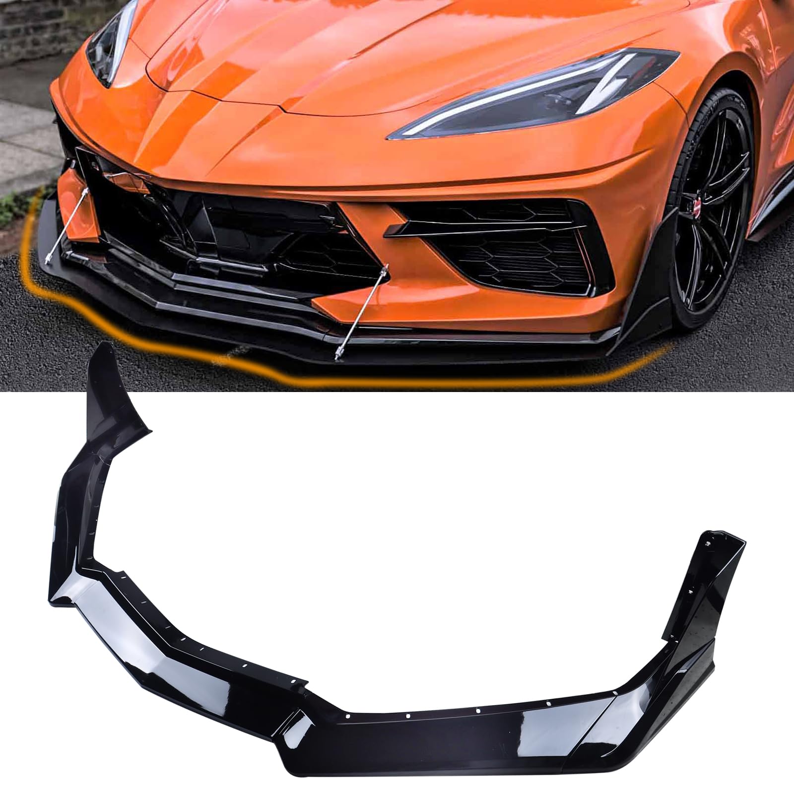 Glossy Black Front Bumper Lip Spoiler for 2020-2025 Chevy Corvette C8 Z51 | Sport Splitter Diffuser Protector Guard Wing Body Kit Air Dam | Perfect for Racing & Street Performance Upgrades