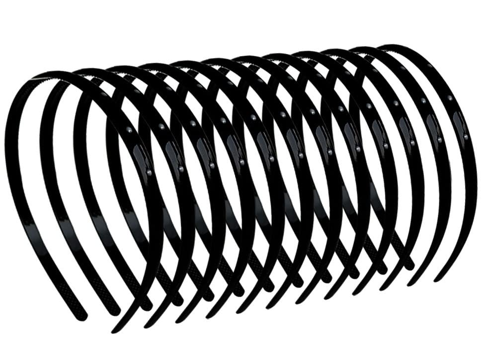 RedChimes Black 8mm Wide Plastic Teeth Comb Shine Hair Bands for Women & Girls - 12 Pack Hair Accessories for School, Work, and Everyday Styling