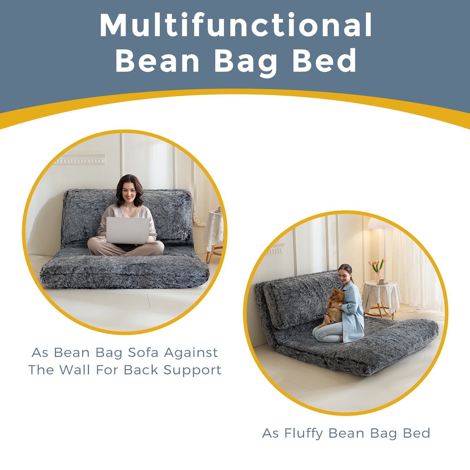 MAXYOYO Faux Fur Bean Bag Chair - Foldable Floor Sofa Bed with Foam Filling, Wall Couch Sleeper for Living Room, Bedroom & Dorm - Black (Perfect for Lounging, Gaming & Small Space Living)