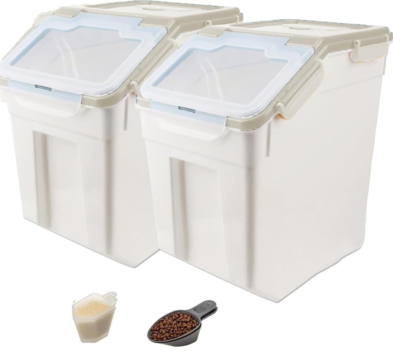 50LB Airtight Flour Storage Container with Wheels - 2 Pack Plastic Food Bin with Seal Locking Lid, Measuring Cup & Scoop - Ideal for Flour, Rice, Grain Storage (100LBS Total Capacity, Grey) - Perfect for Kitchen Pantry Organization & Bulk Food Storage