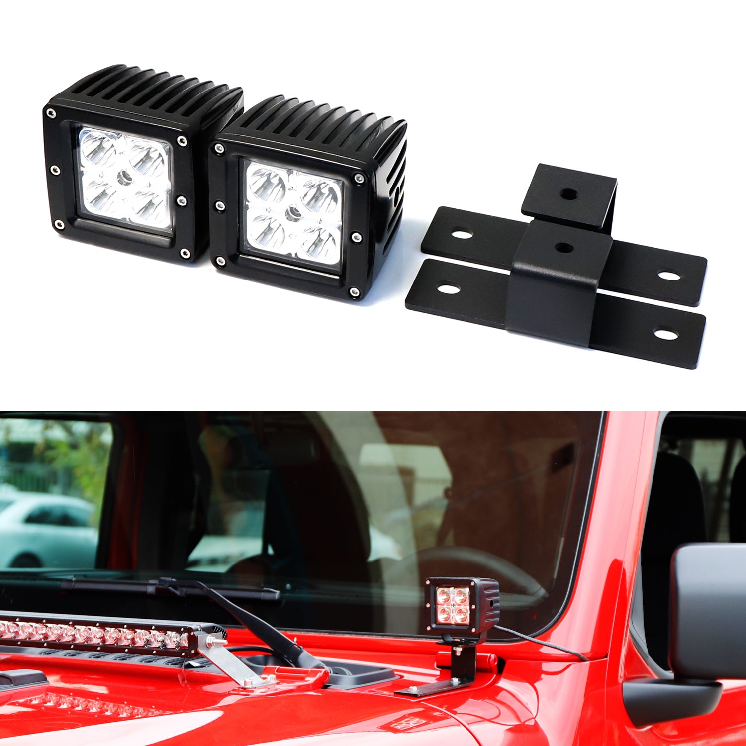 40W CREE LED Pod Light with Windshield Mounting Brackets for 2018+ Jeep Wrangler JL - Off-Road, Trail, Night Driving Lighting Accessories