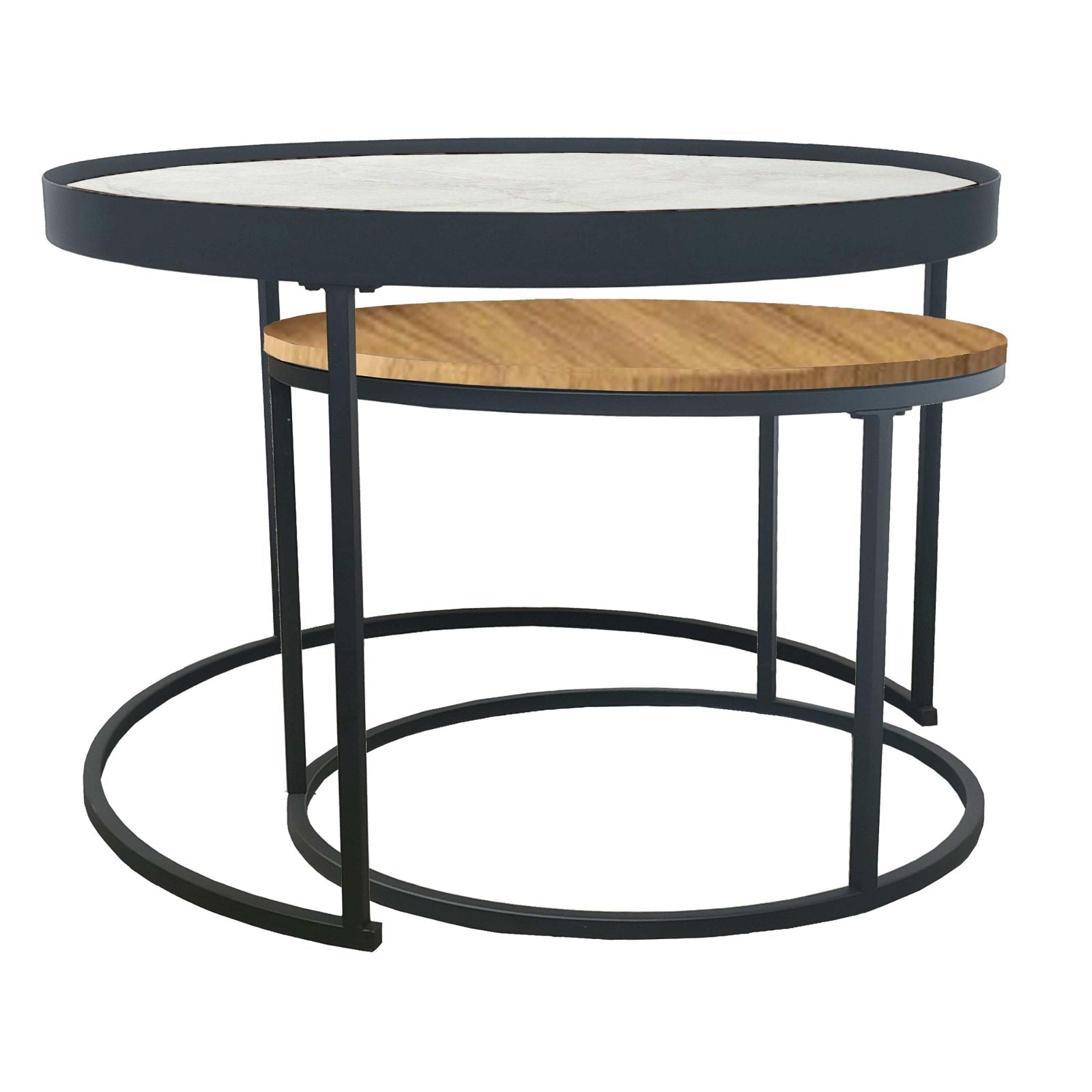 Criterion Nested Coffee Table Set - White Marble & English Oak Wood - Modern Living Room Furniture for Small Spaces & Home Decor