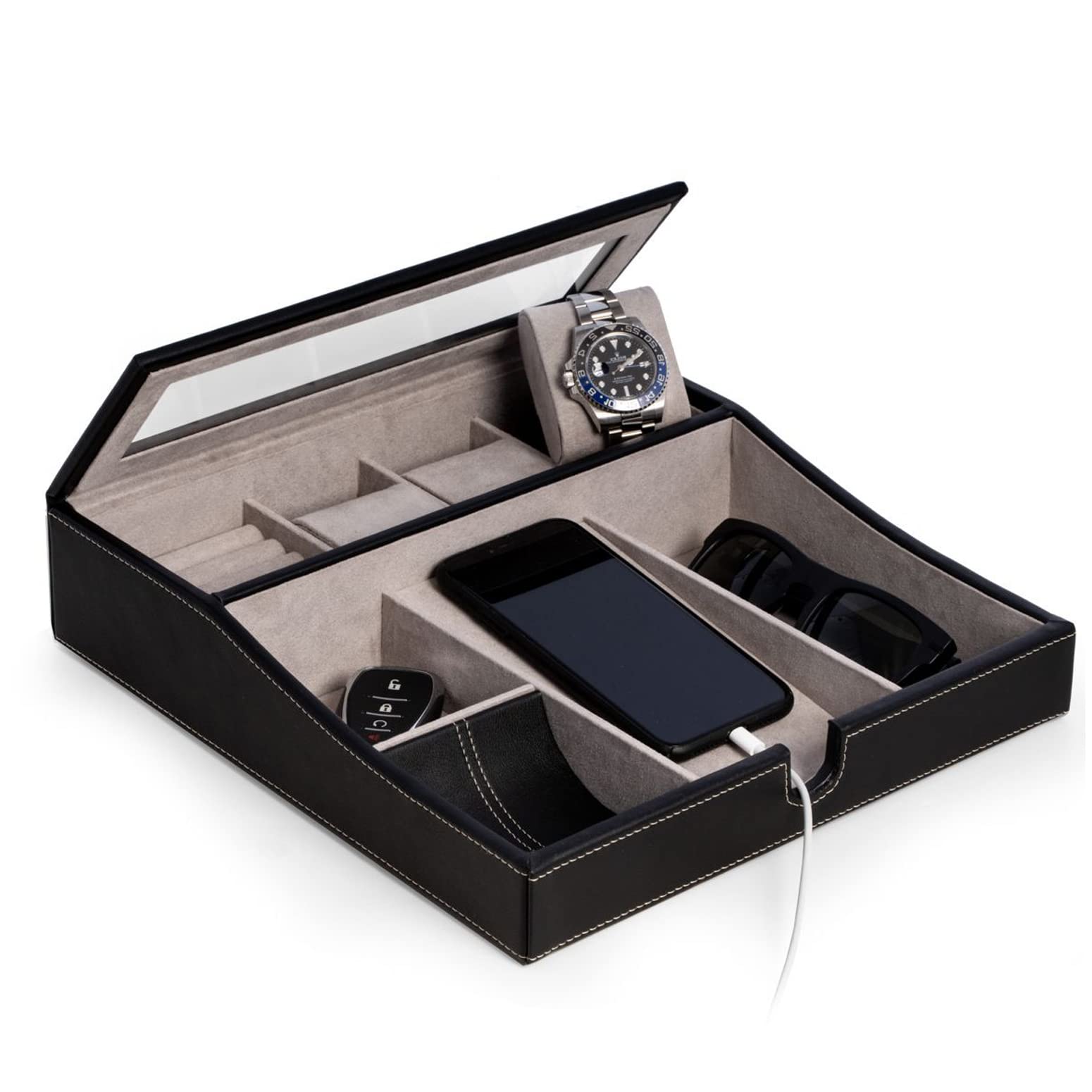 Whitehall Black Leather Jewelry Box - Premium Dresser Organizer with Watch Storage & Phone Holder - Perfect for Travel, Gifts & Home Decor