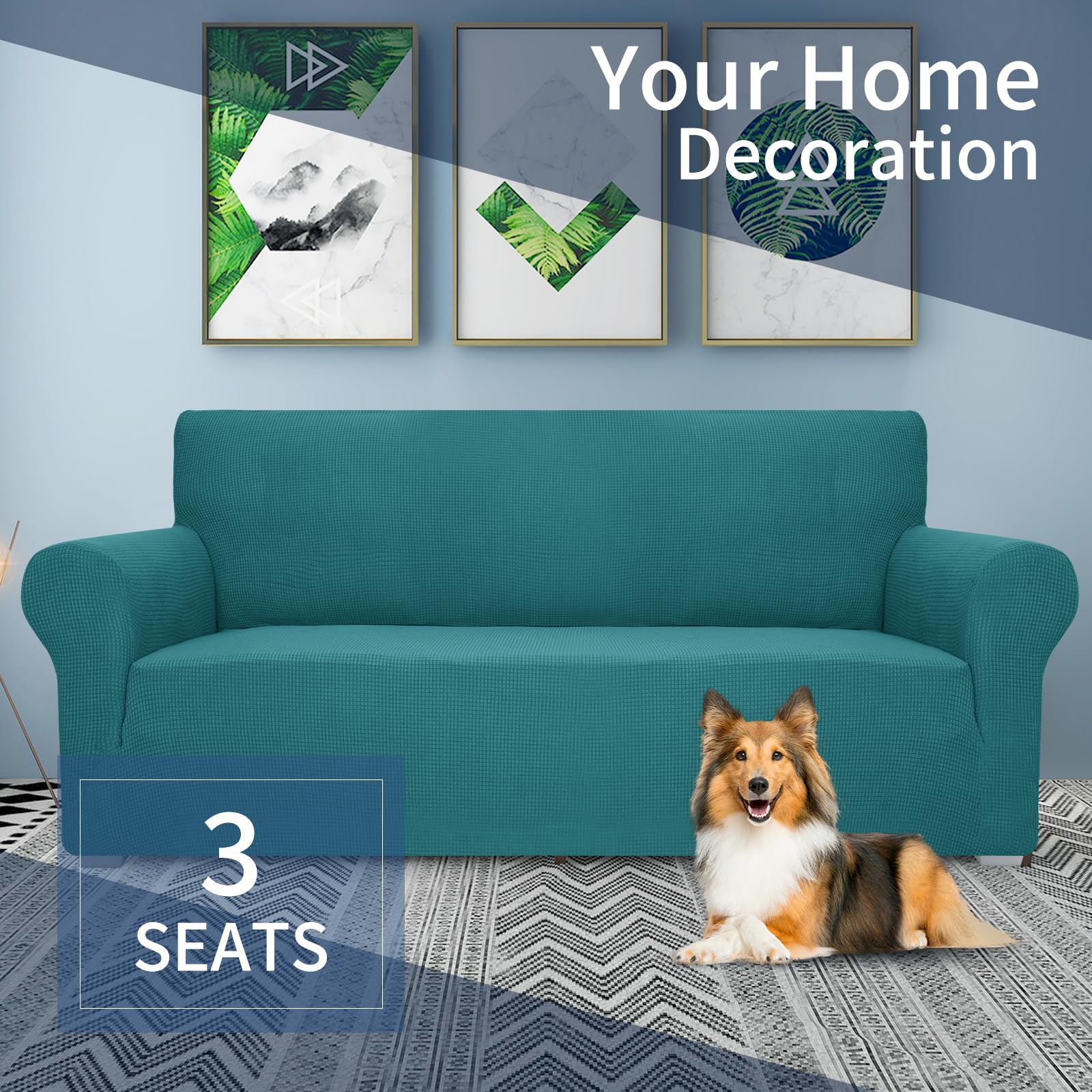 JIVINER Stretchable Jacquard Sofa Cover - 3 Cushion 1-Piece Elastic Slipcover with Anti-Slip Bottom, Furniture Protector for Pets & Kids - Perfect for Living Room, Family Room (Blackish Green)